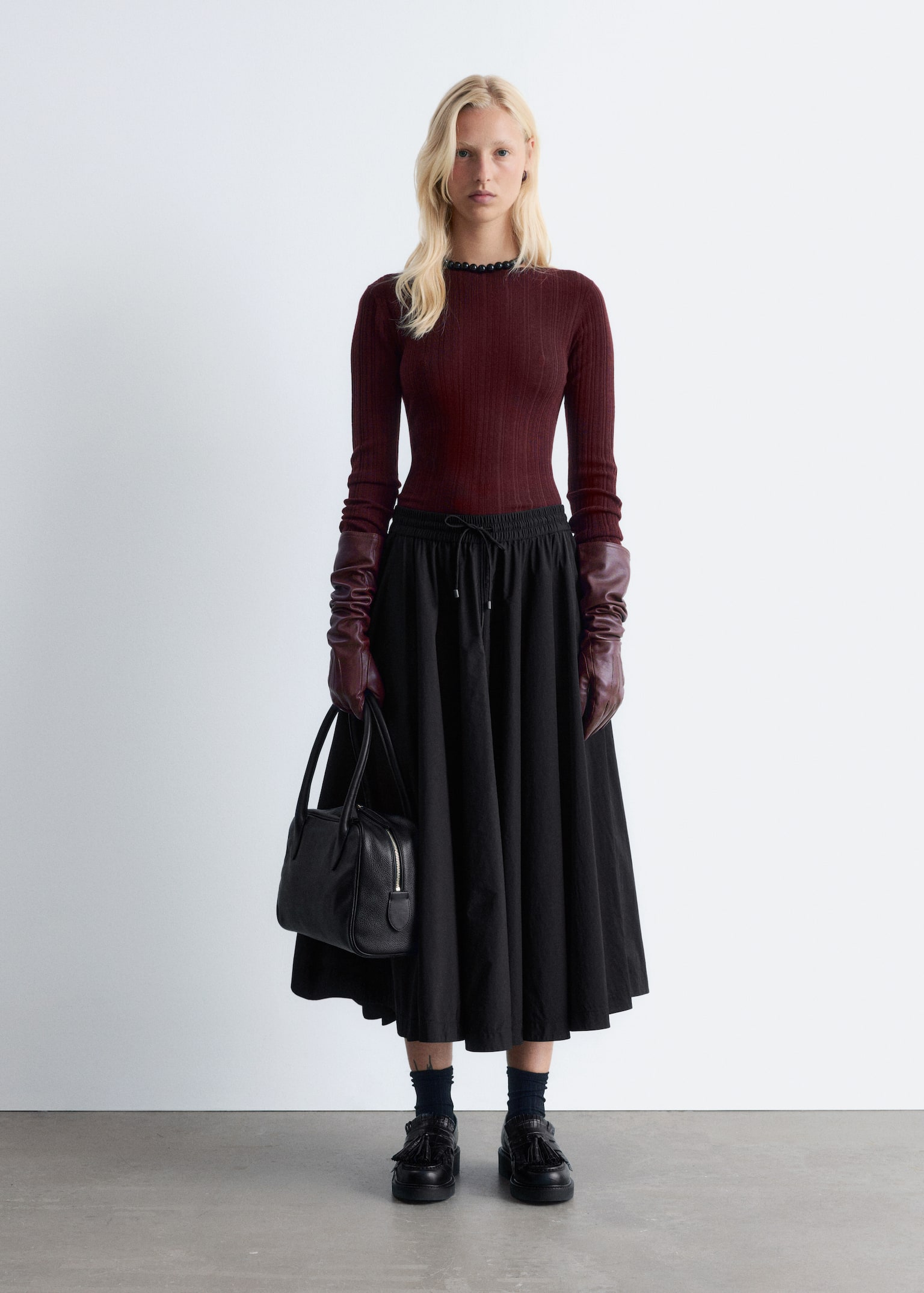 Rib-Knit Wool Boatneck Top - Dark Red/Dark Brown - 3