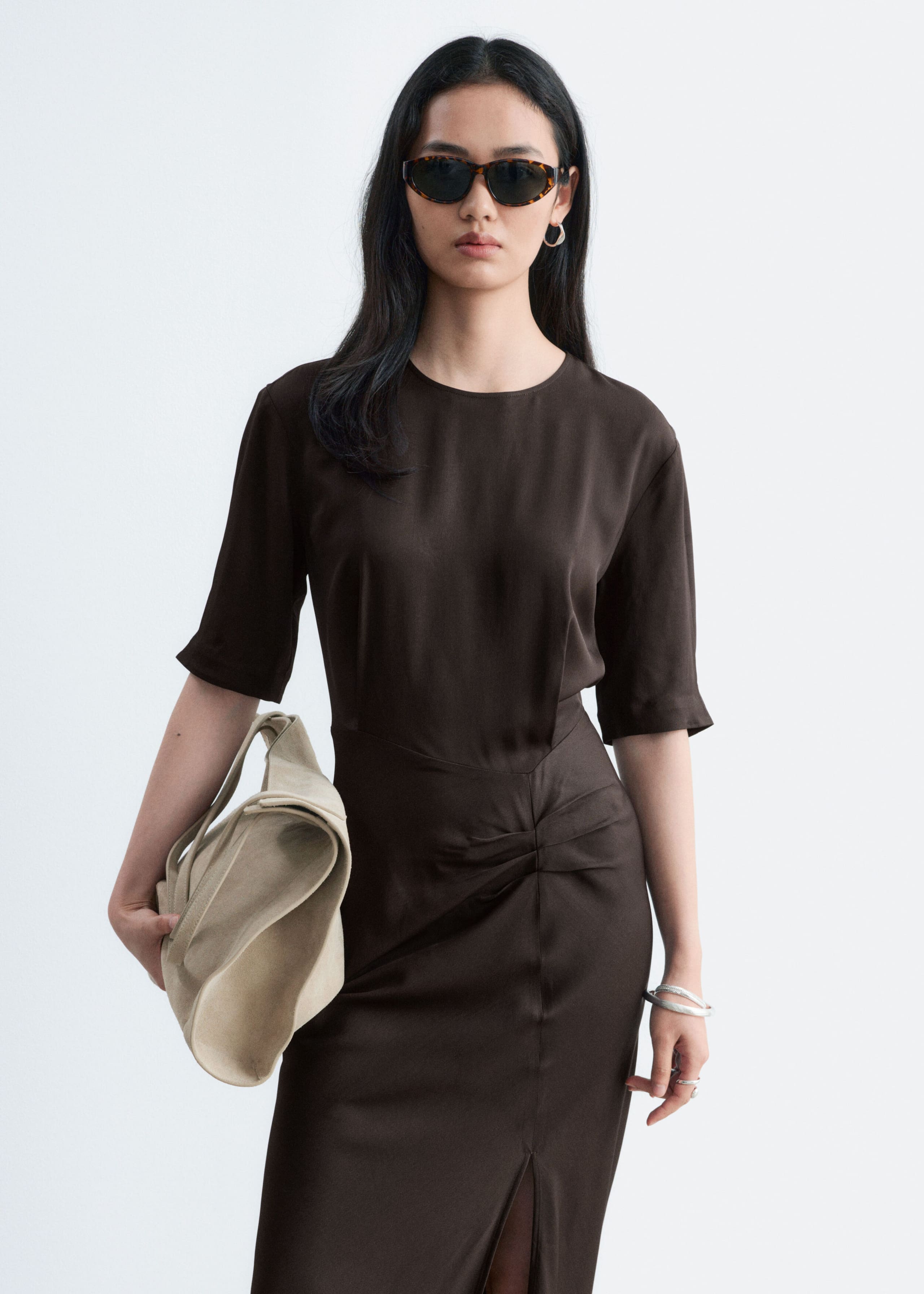 Pleat-Detail Midi Dress - Dark Brown - Lookbook
