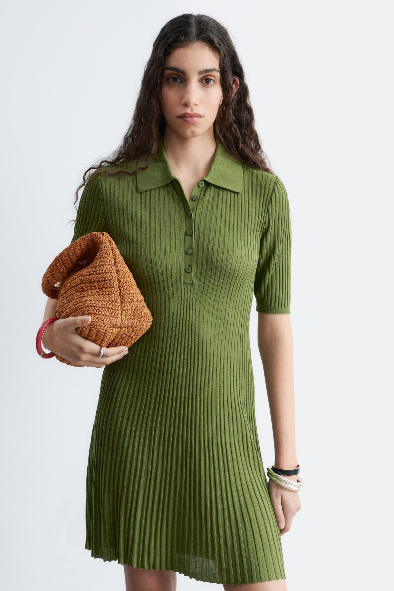 Vestido curto de malha - Verde/Castanho escuro - 3