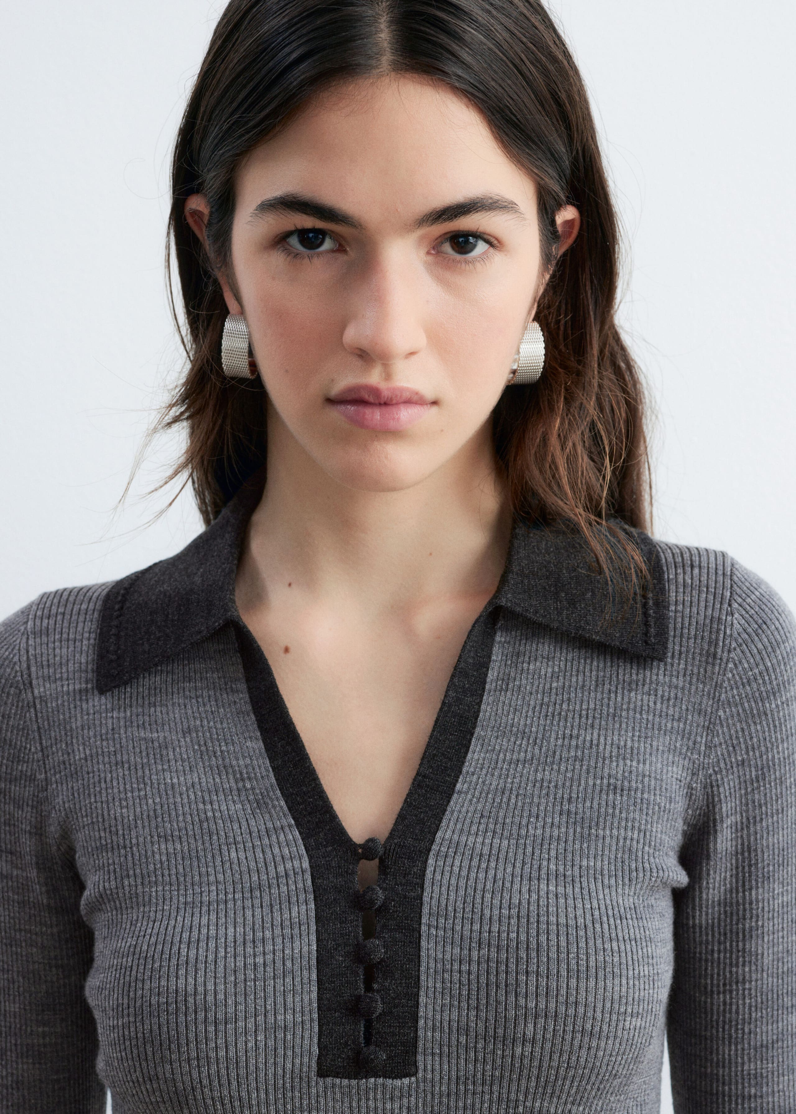 Button-Detail Wool Top - Grey - Still Life