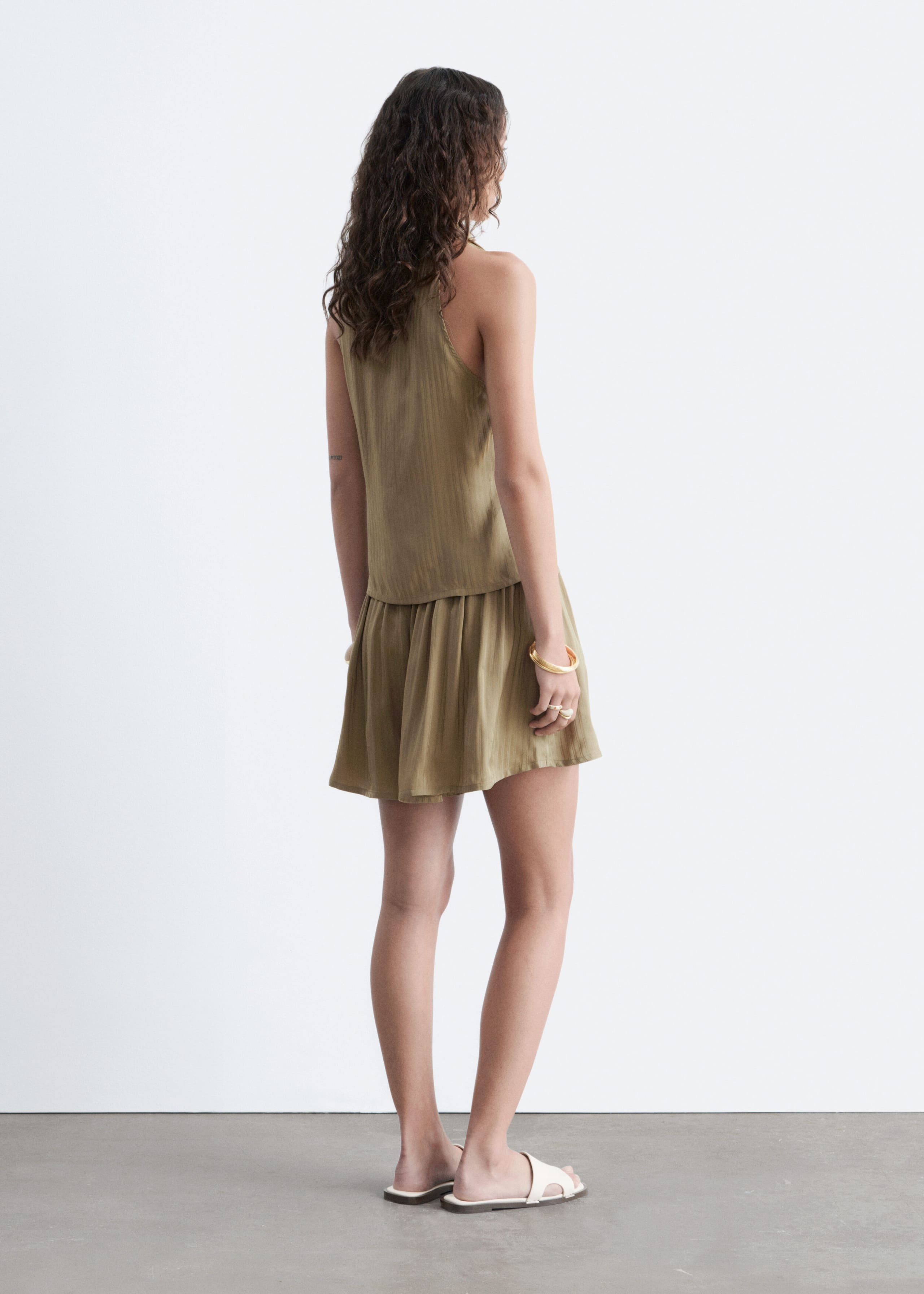 Volume Striped Satin Shorts - Dark Beige - Lookbook