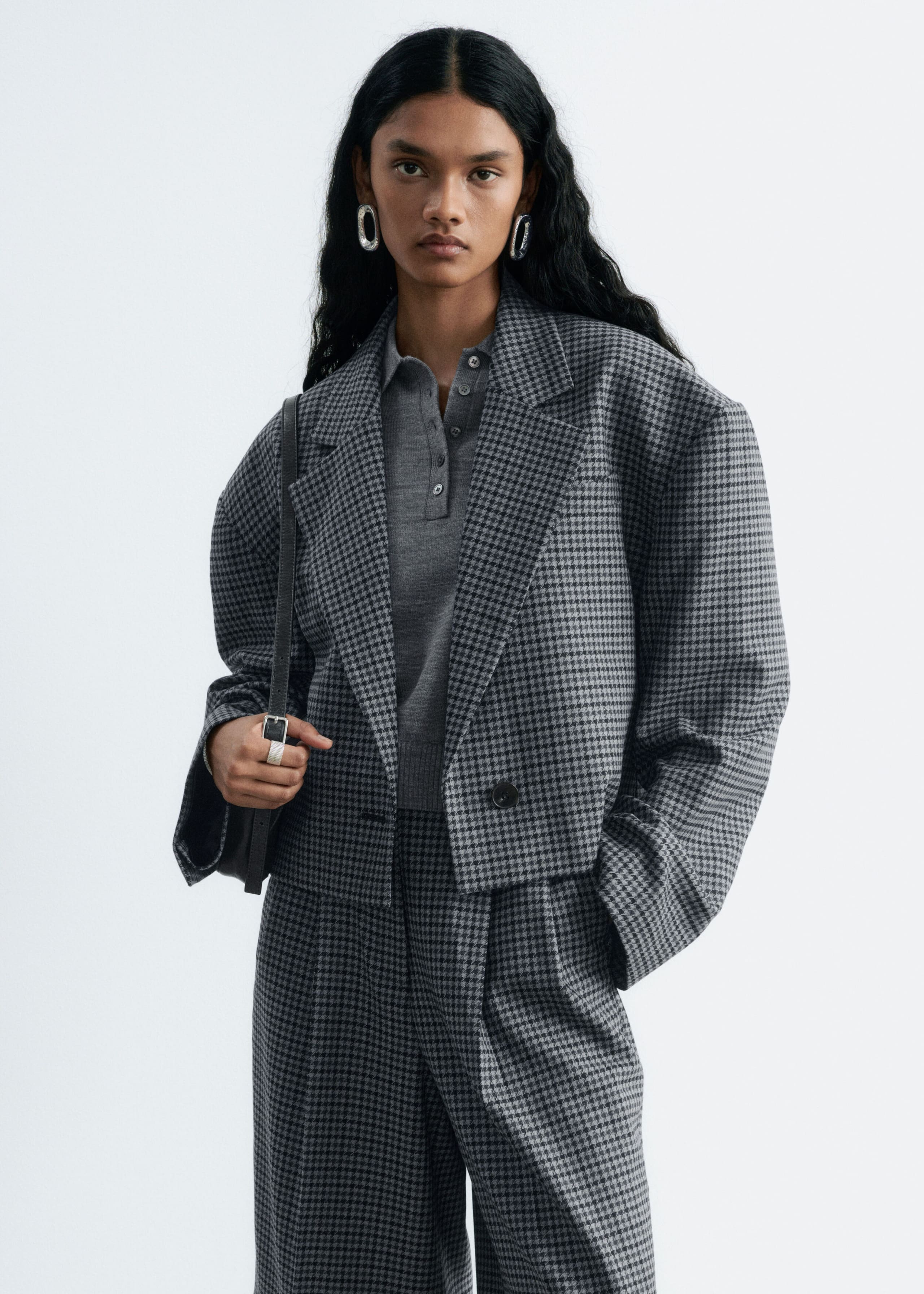 Cropped Houndstooth Blazer - Grey/Checked - Lookbook