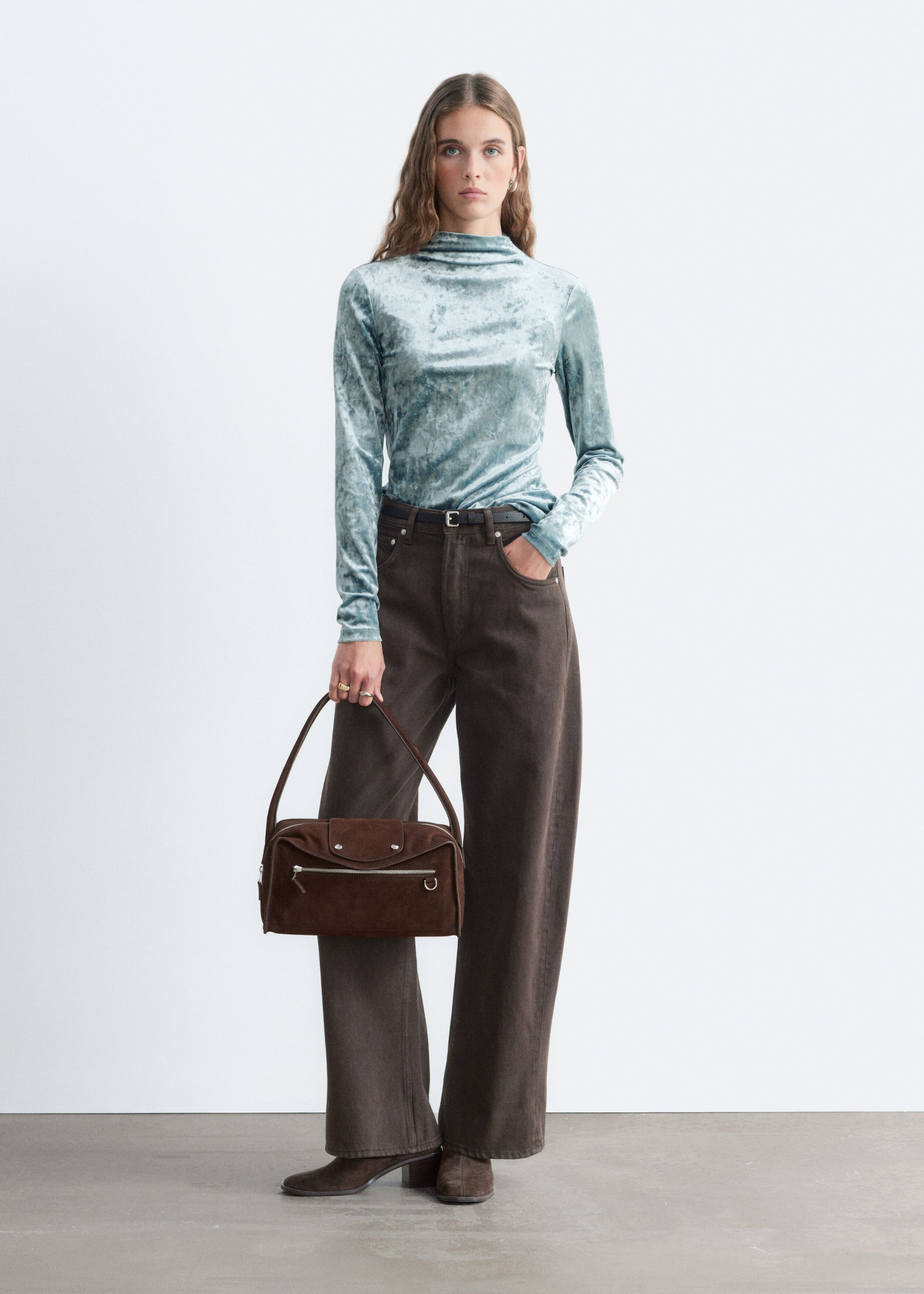 Velvet Mock Neck Top - Turquoise - Lookbook