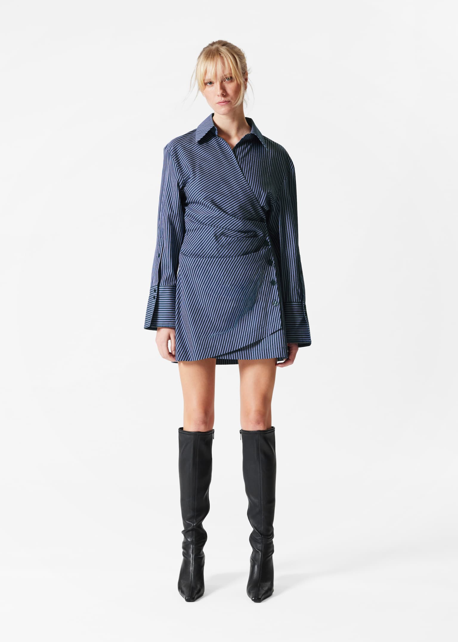 Wrap Shirt Mini Dress - Blue Stripes/Light Blue/Brown Stripes/Dark Red/Pink Stripes/Black