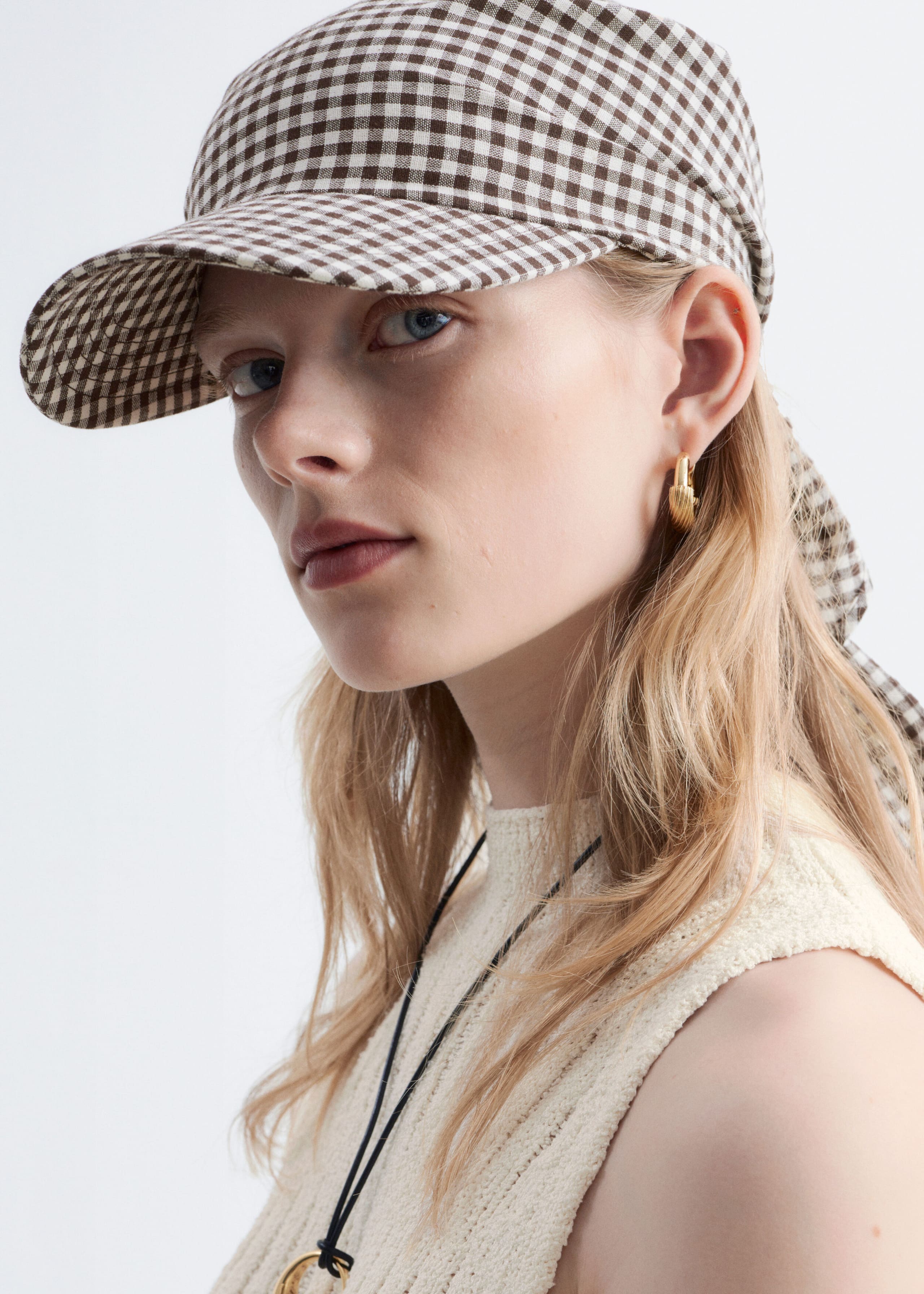 Cotton Scarf Cap - White/Brown - Lookbook