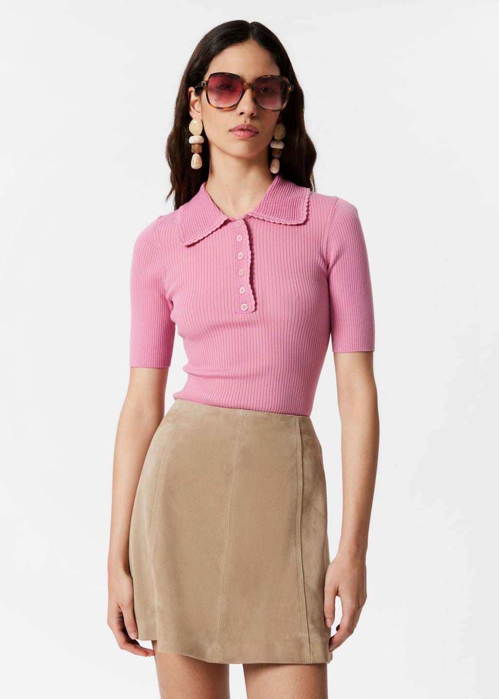 Top de punto de canalé con bordes ondulados - Crema - Lookbook
