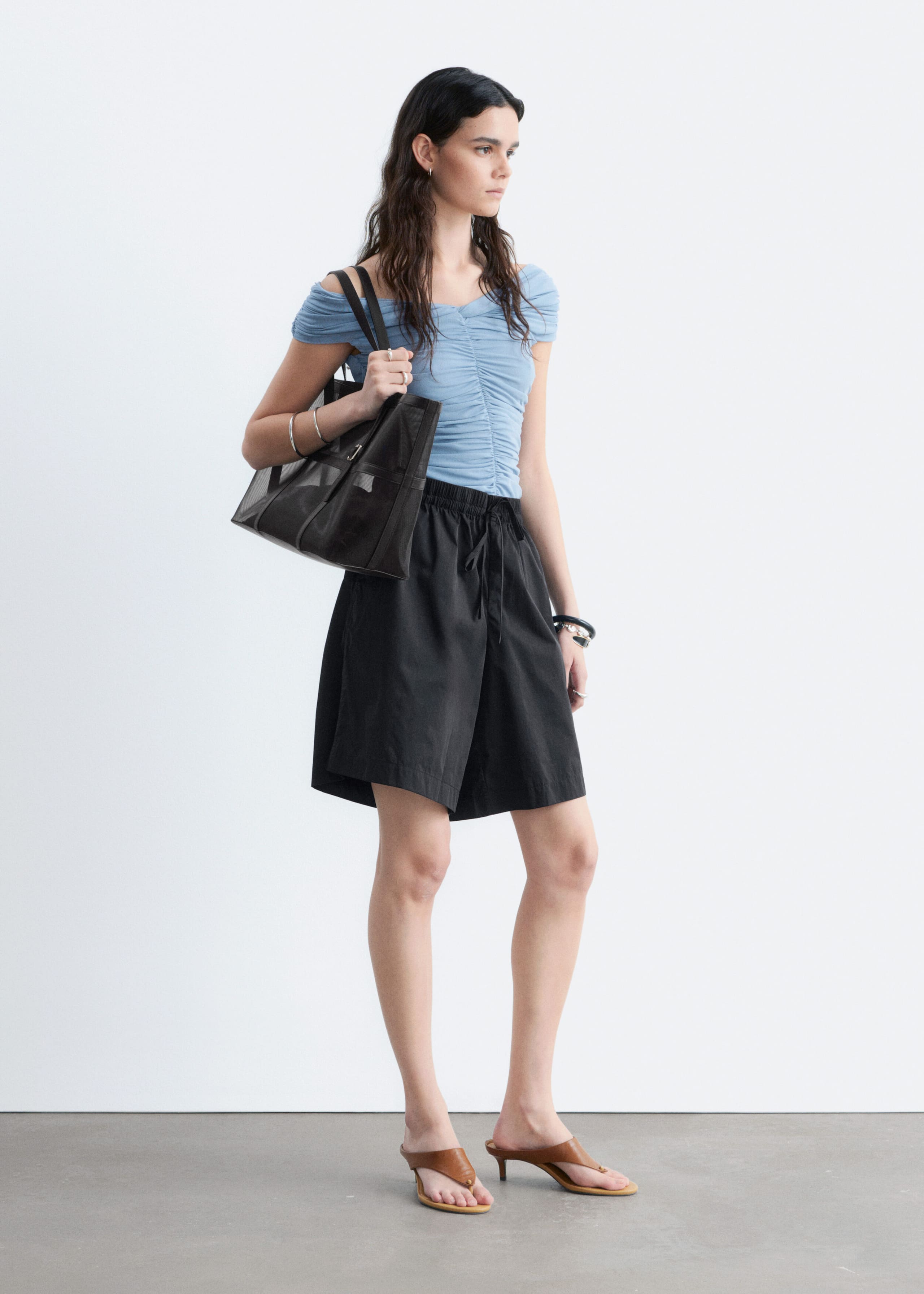Ruched V-neck Mesh Top - Dusty Blue - Lookbook
