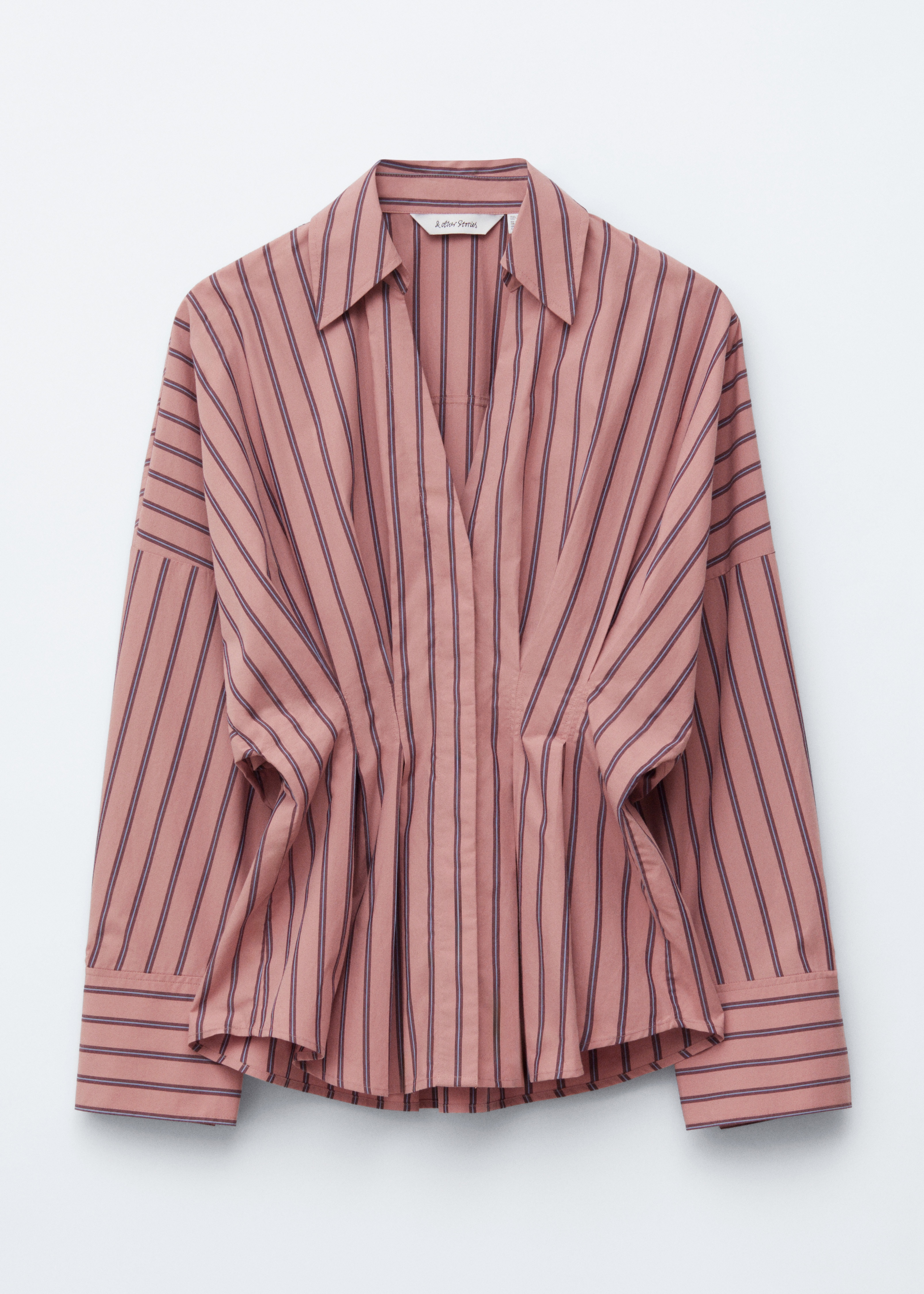 Camicia in cotone con vita aderente - Rosa polvere/Righe/Marrone scuro
