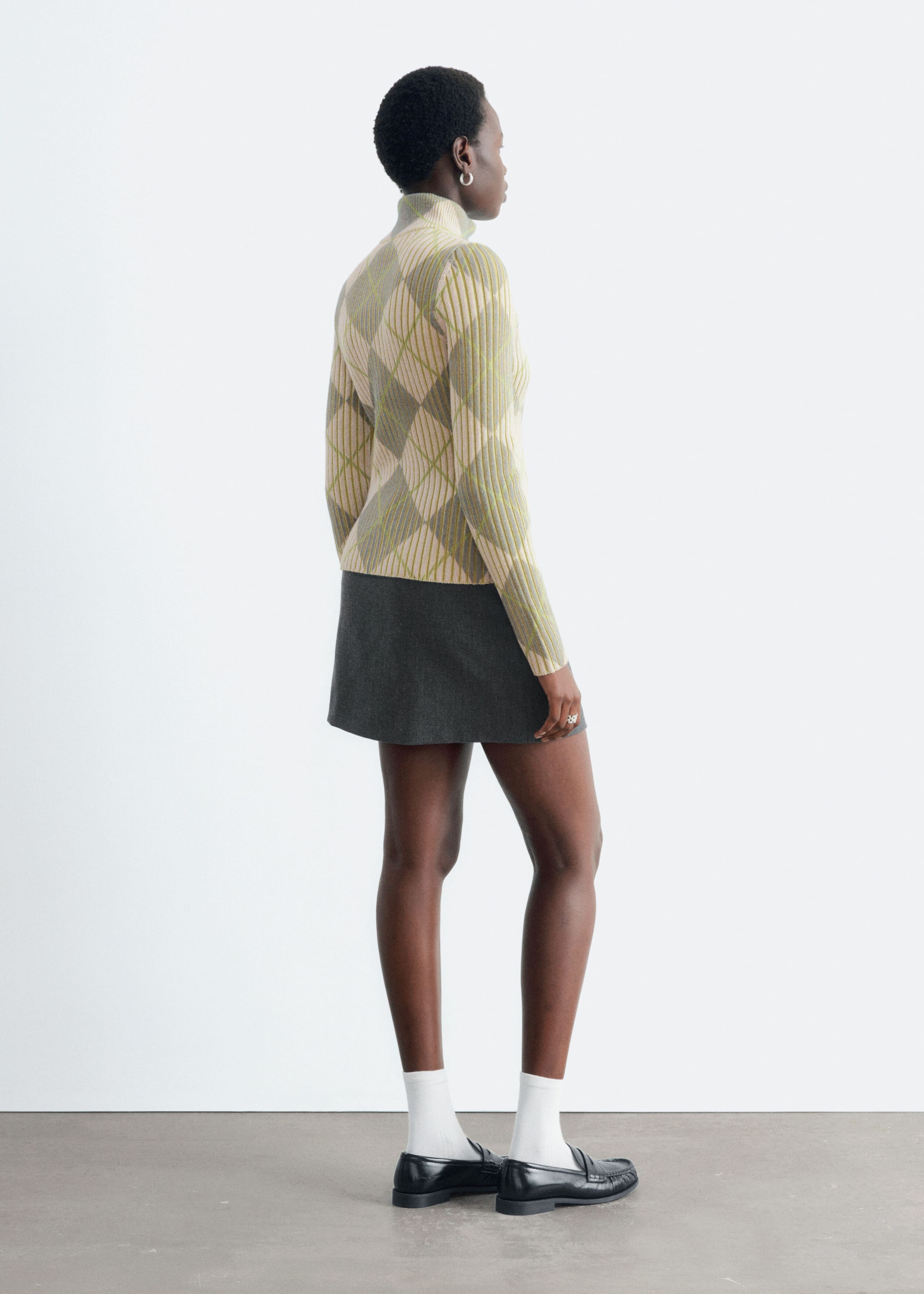 Wool-Cotton Zip Cardigan - Beige/Green/Checked - Lookbook