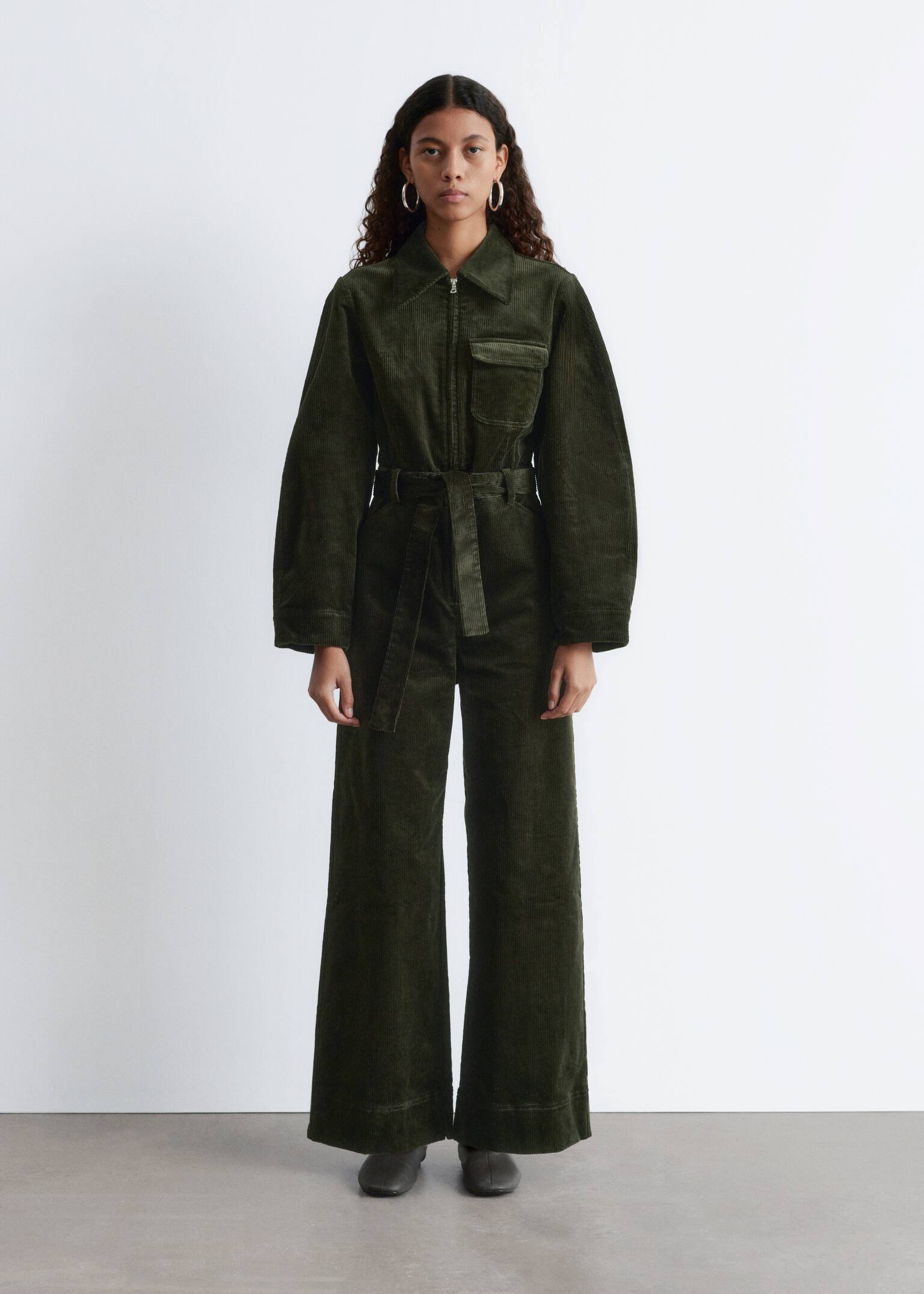 Belted Corduroy Jumpsuit - Dark Green/Burgundy