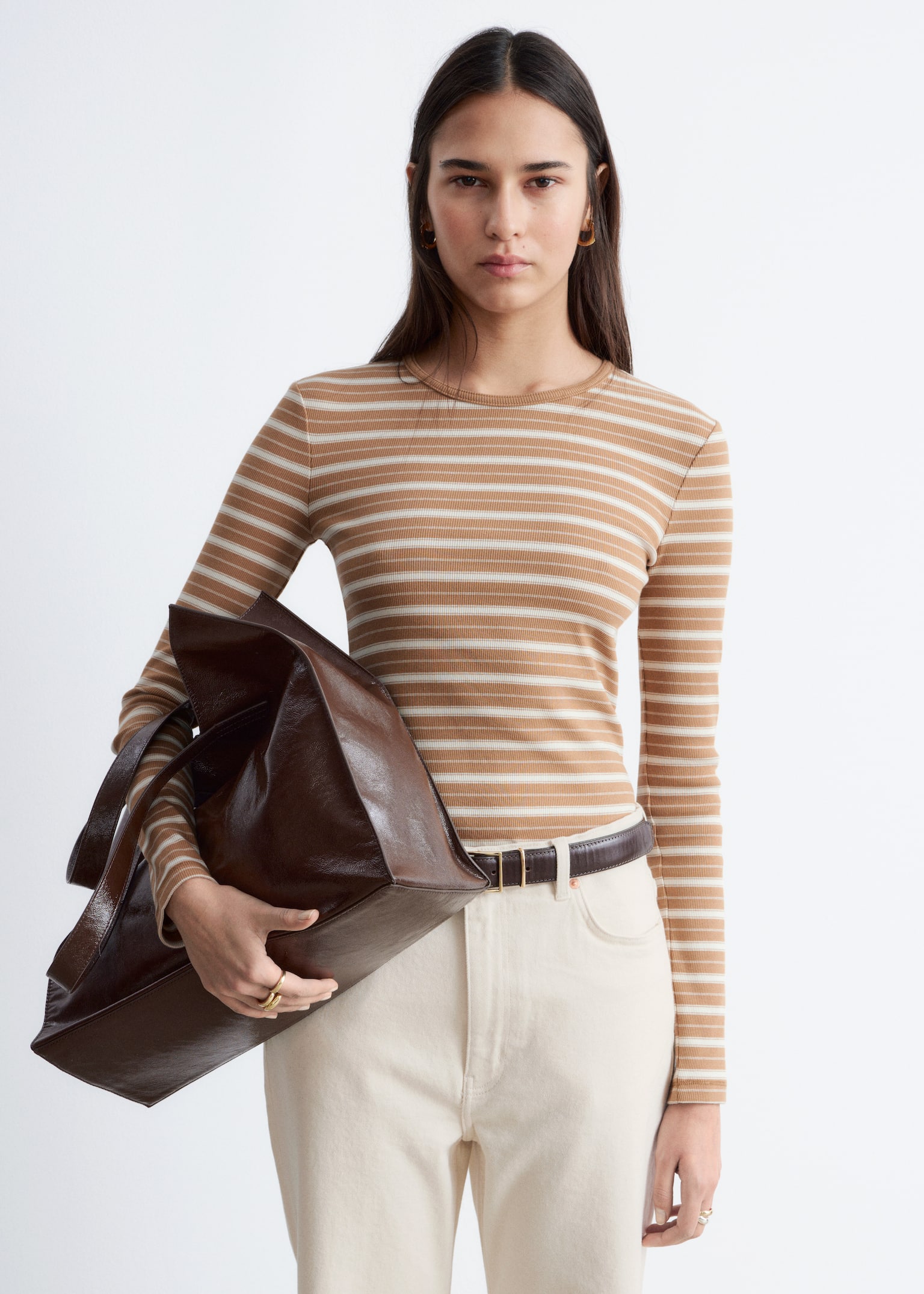 Ribbed Long-Sleeve Top - Brown/White Stripes/Black/Beige/Black Stripes/White/Dark Green/Dark Brown/Light Grey - 1