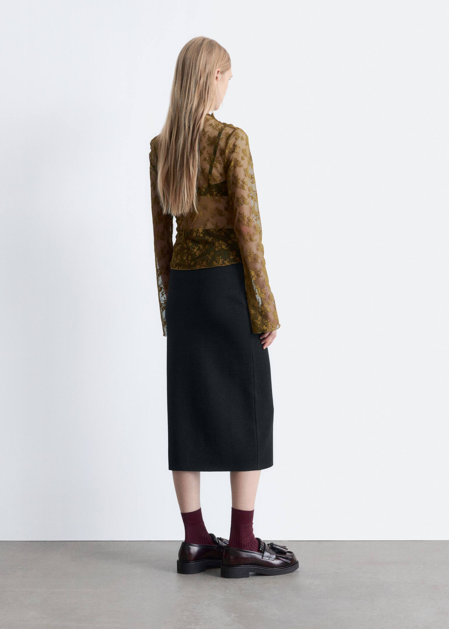 Long-Sleeve Lace Top - Khaki Brown/Dark Brown - 6