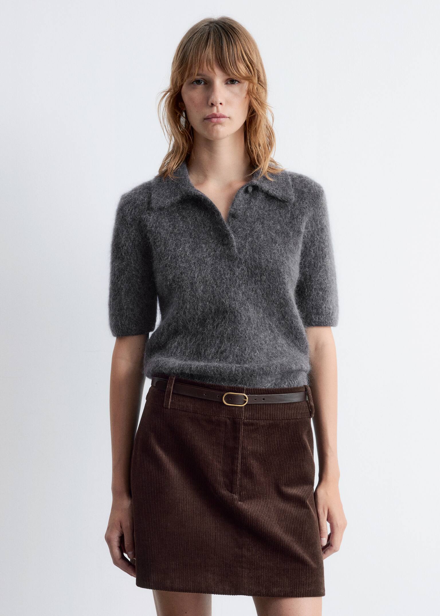 Brushed Knit Polo T-Shirt - Dark Grey/Light Yellow/Dark Brown