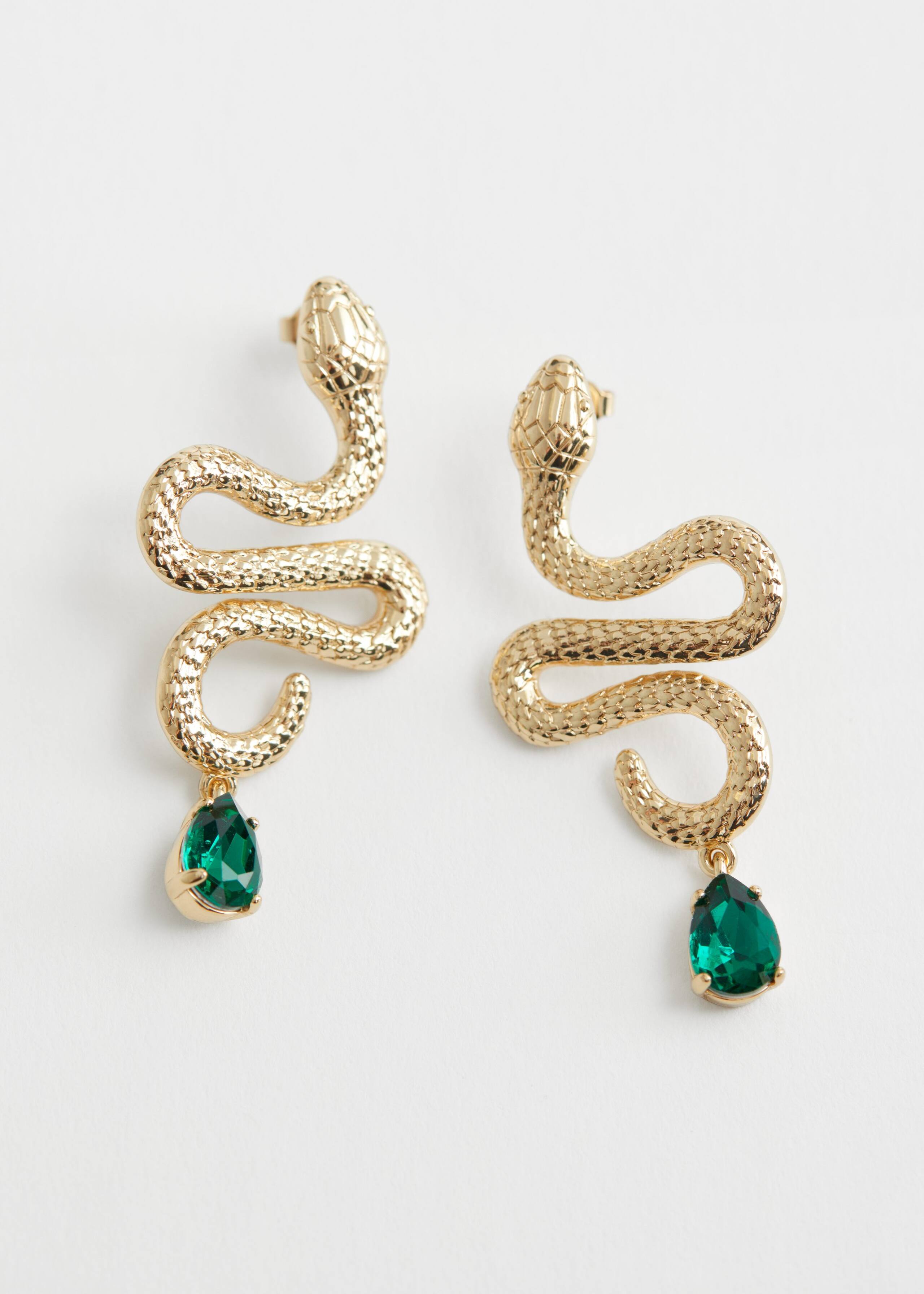 Crystal Pendant Snake Earrings - Gold - Still Life
