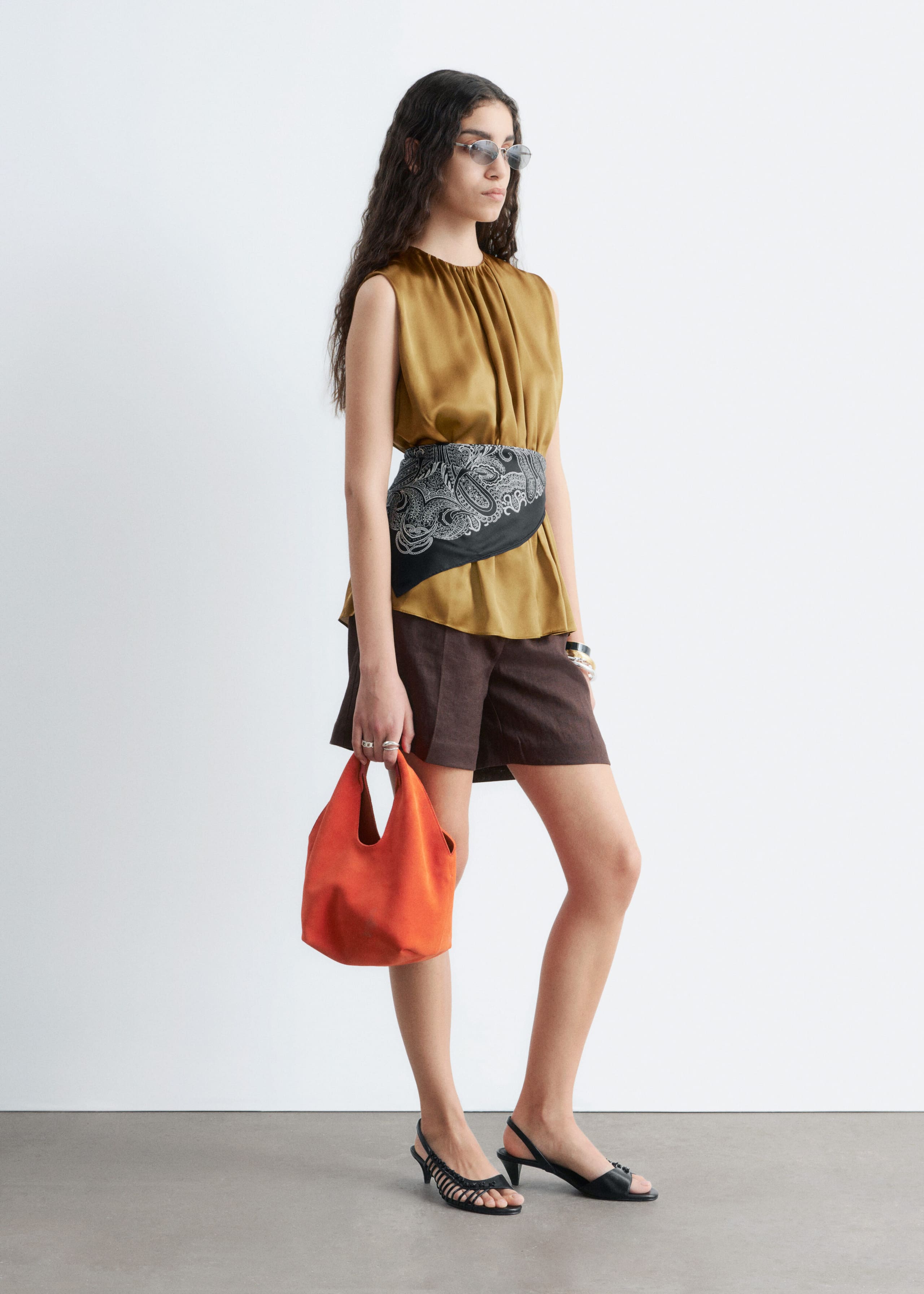 Sleeveless Silk Frill Top - Brown - Lookbook