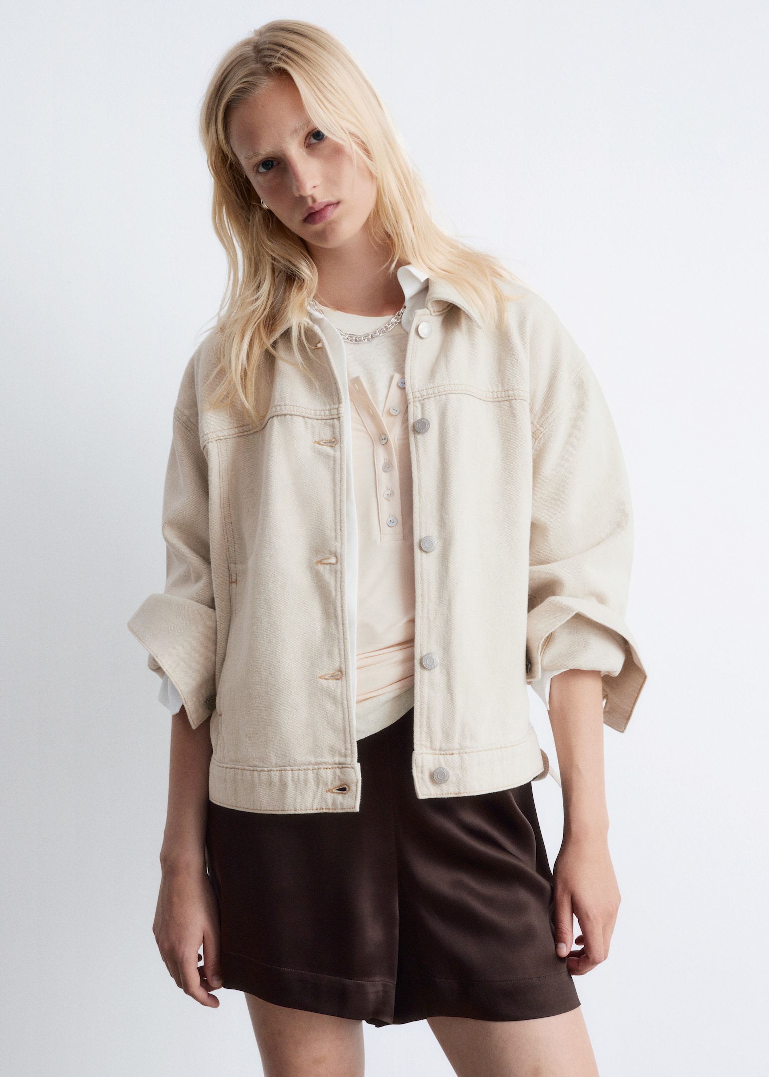 Giacca cropped in denim con lacci - Beige