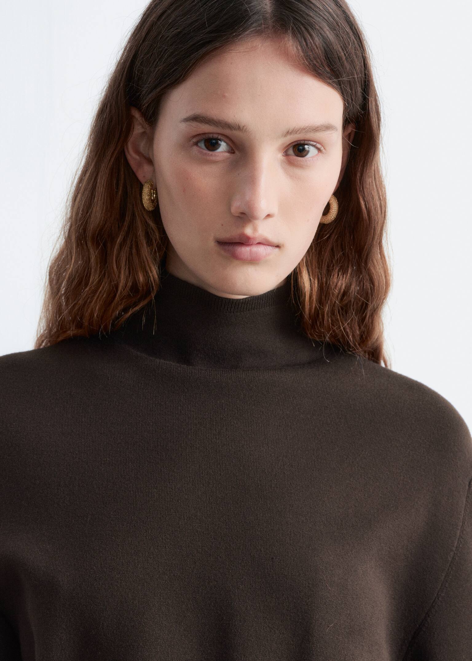 Knitted Mock-Neck Mini Dress - Dark Brown - 5