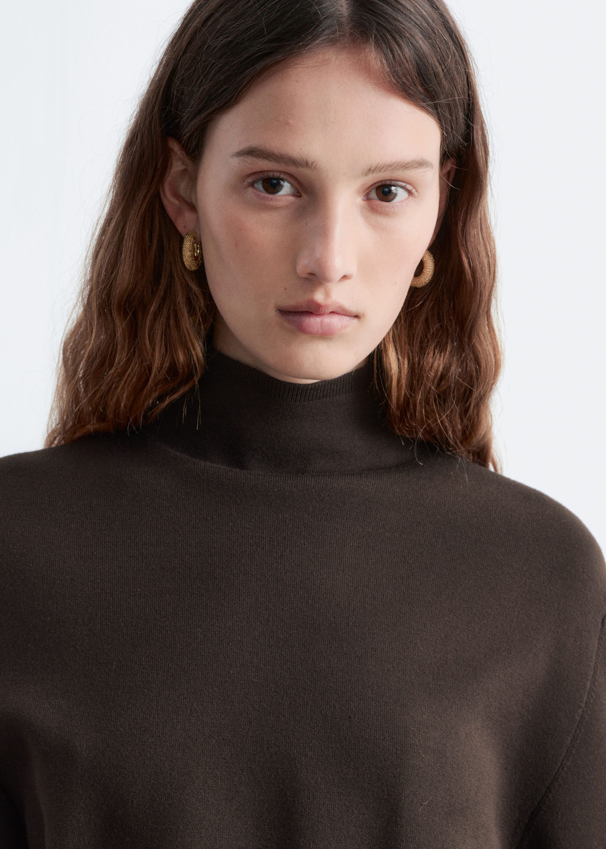 Knitted Mock-Neck Mini Dress - Dark Brown - Lookbook