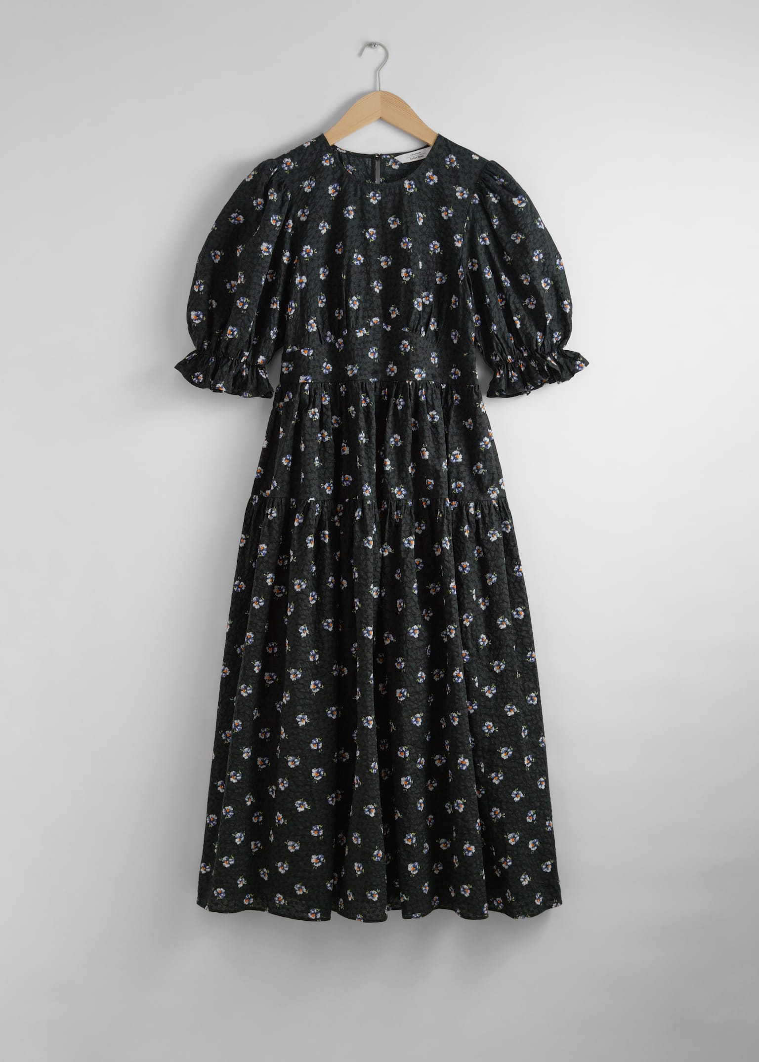 Puff-Sleeve Midi Dress - Black Print
