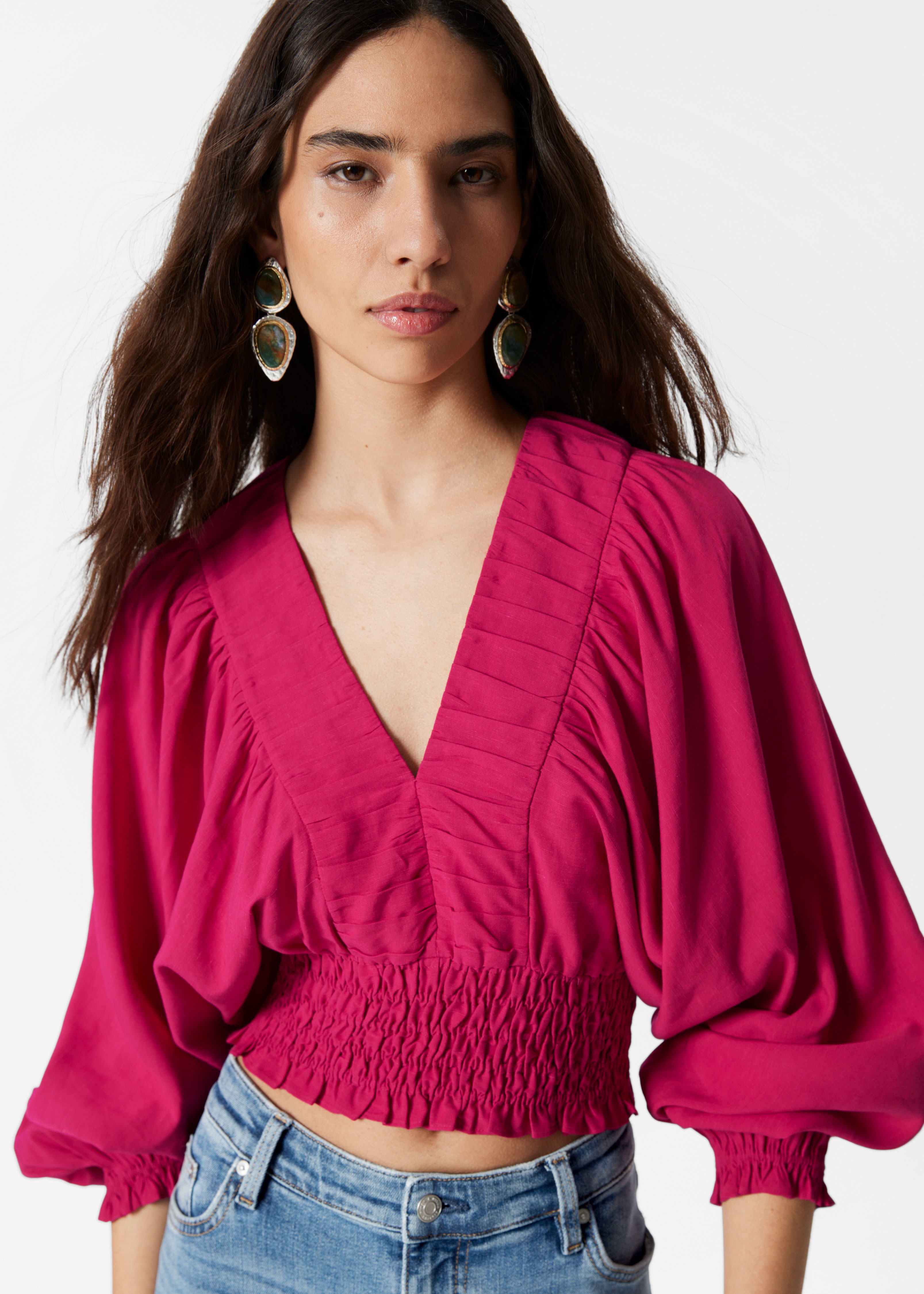 Halenka s nařasenými rukávy - Tmavě růžová/Bílá