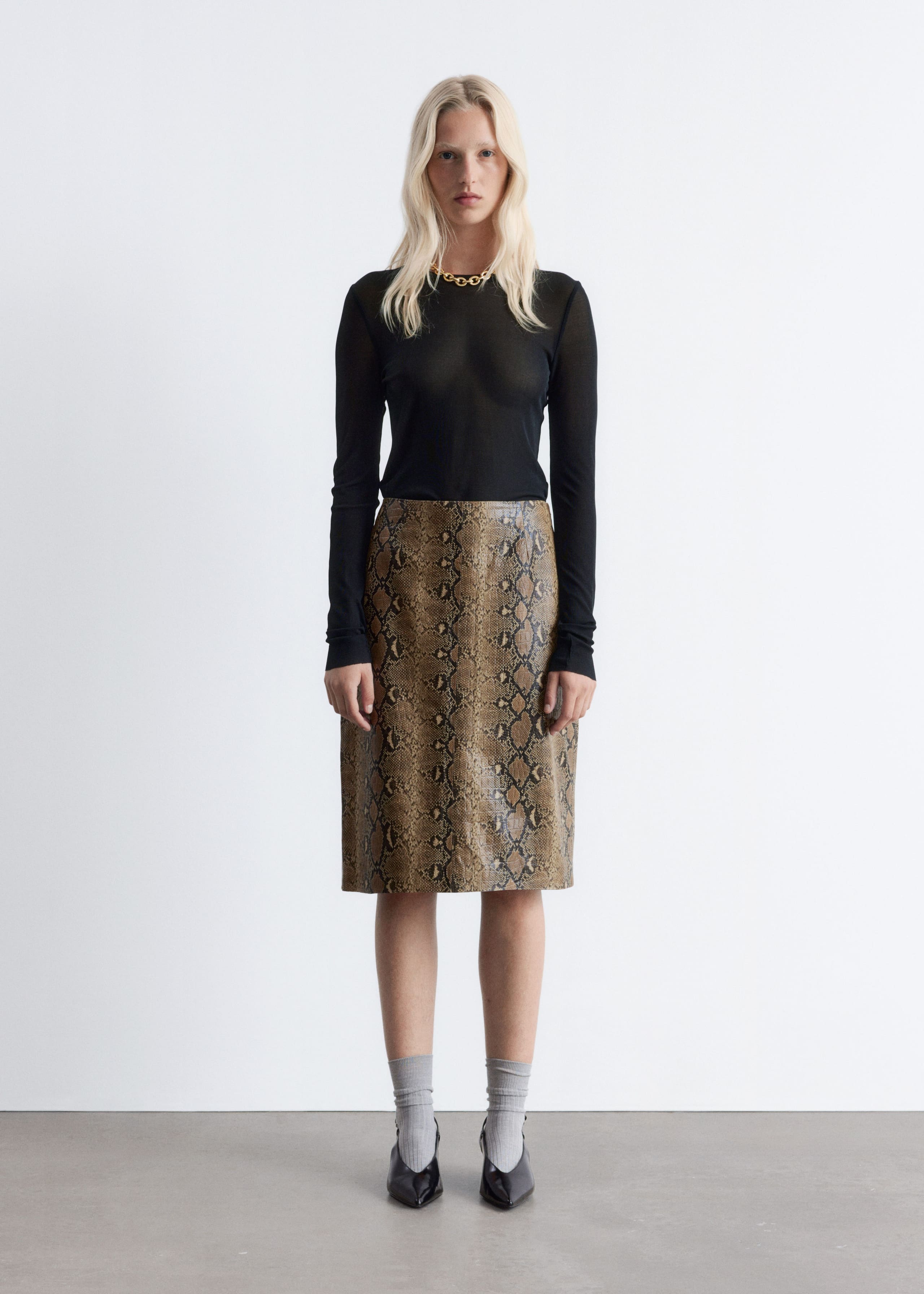Image of Snake Pattern Leather Midi Skirt