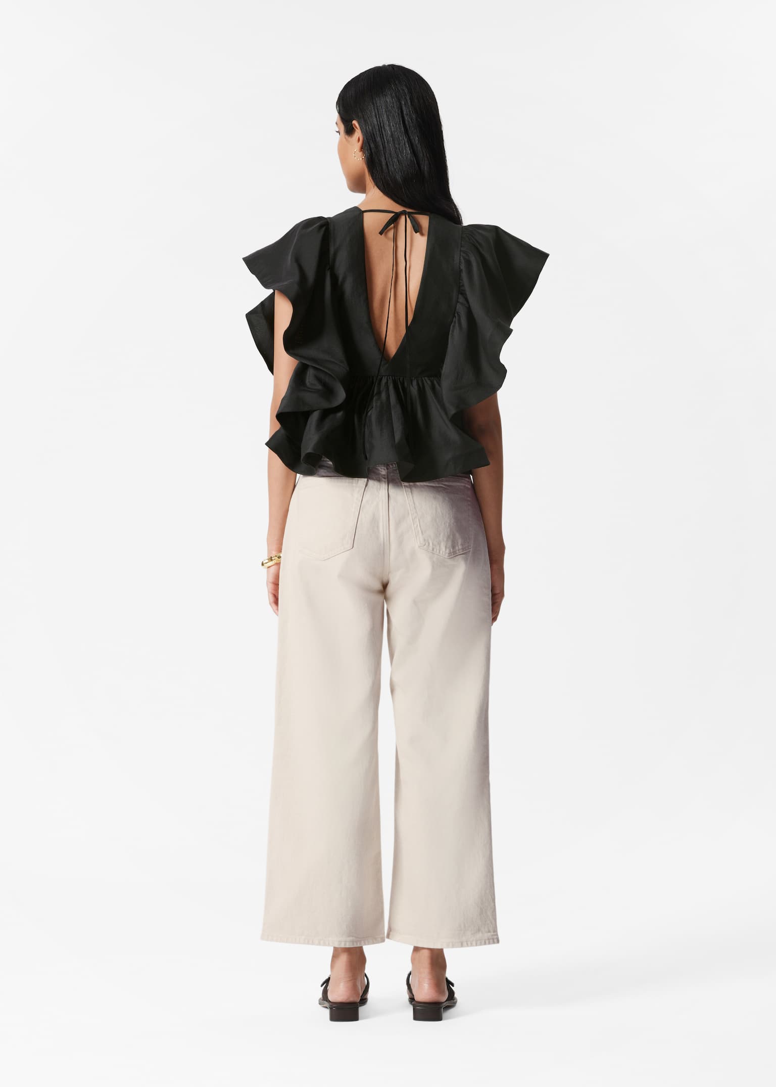 Flæsebluse med V-hals - Sort/Rød - 3