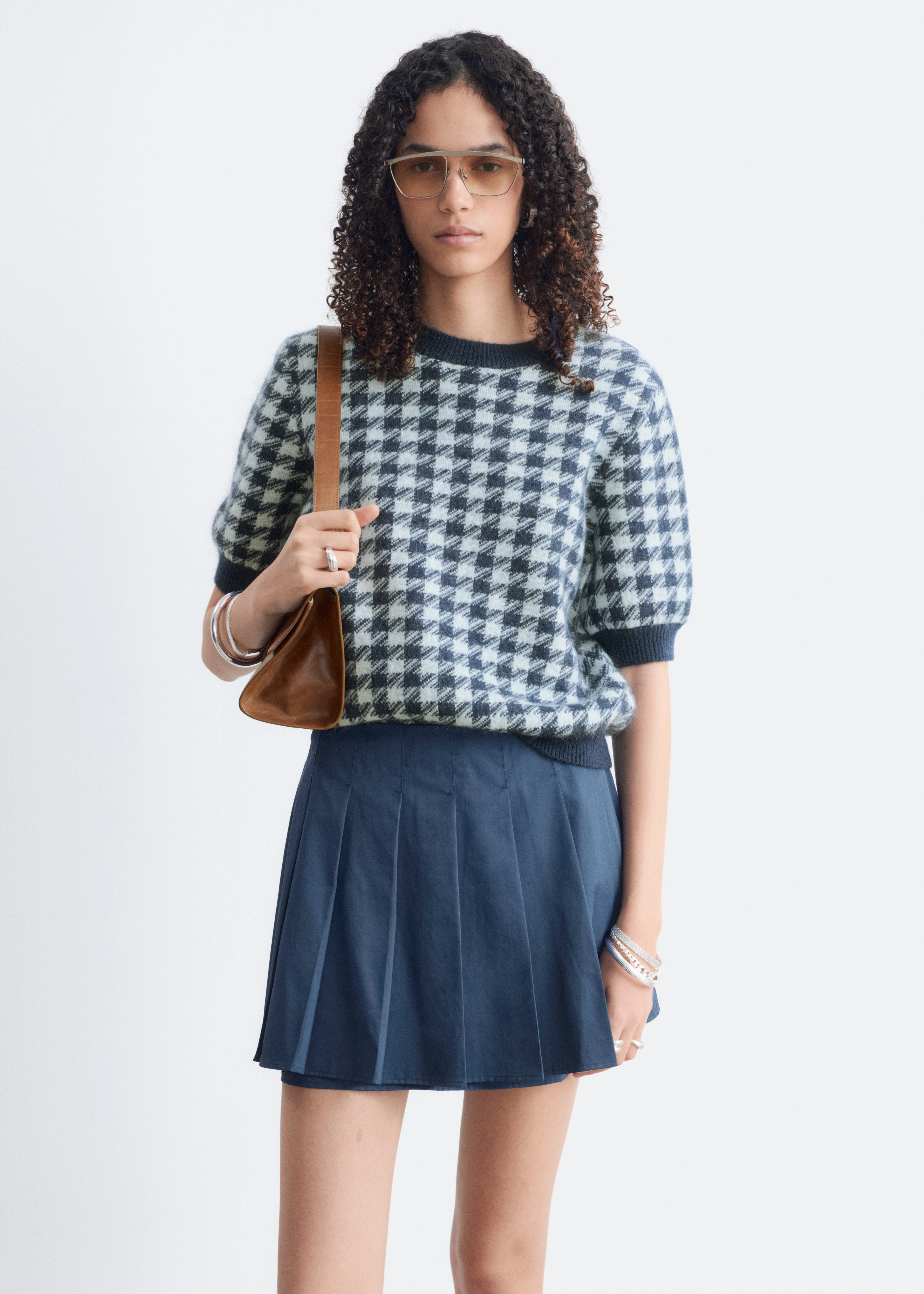 Mohair Blend Top - Dark Blue/Cool Blue/Brown/Yellow Houndstooth