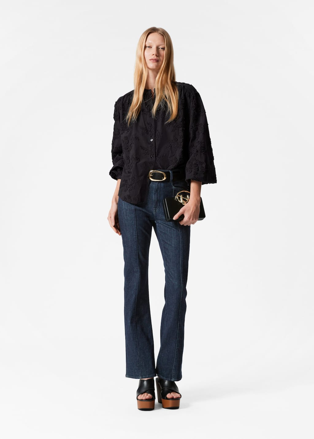Voluminous Floral-Appliqué Blouse - Black - Lookbook