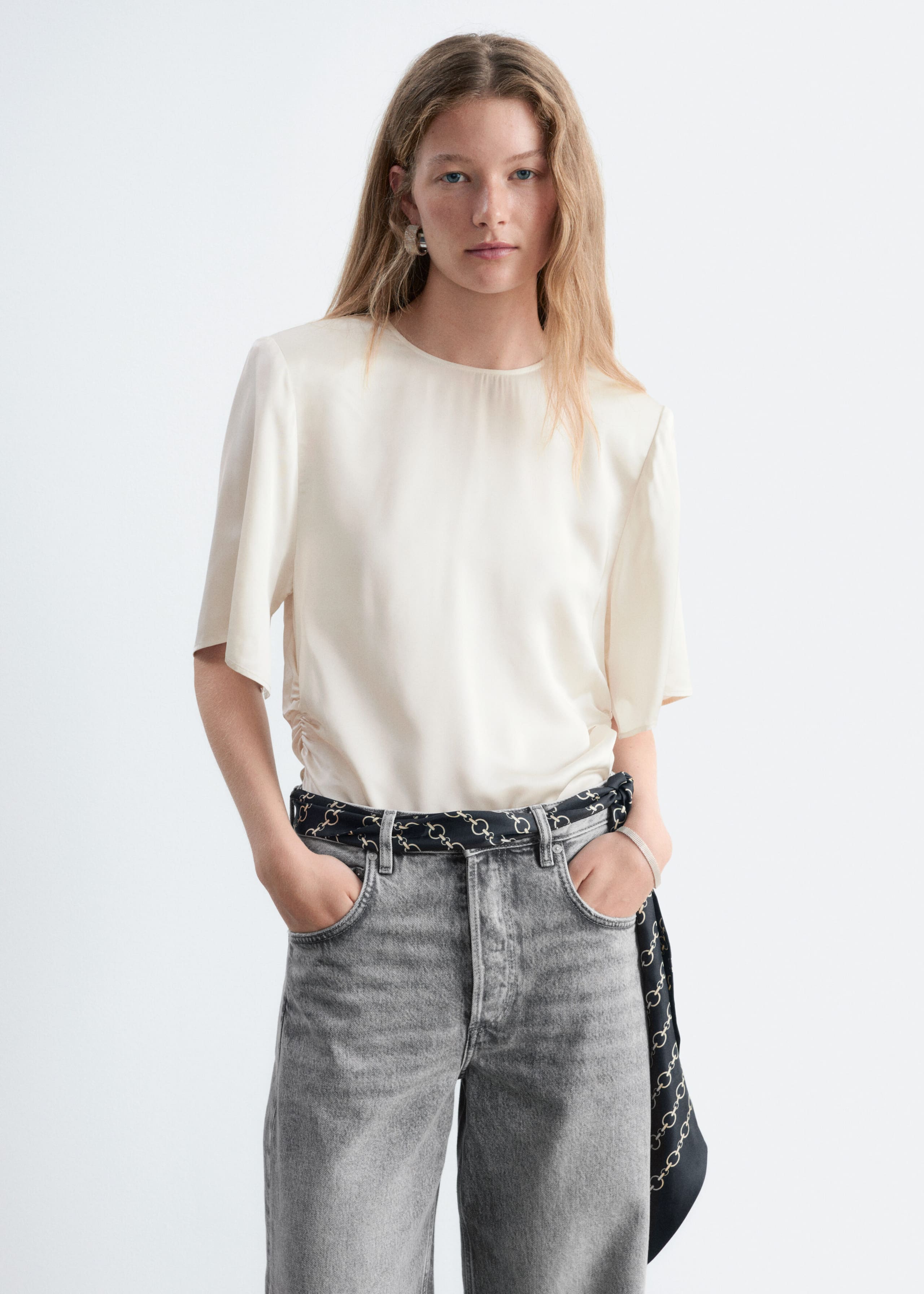 Pleated Side Slim Blouse - White - Lookbook