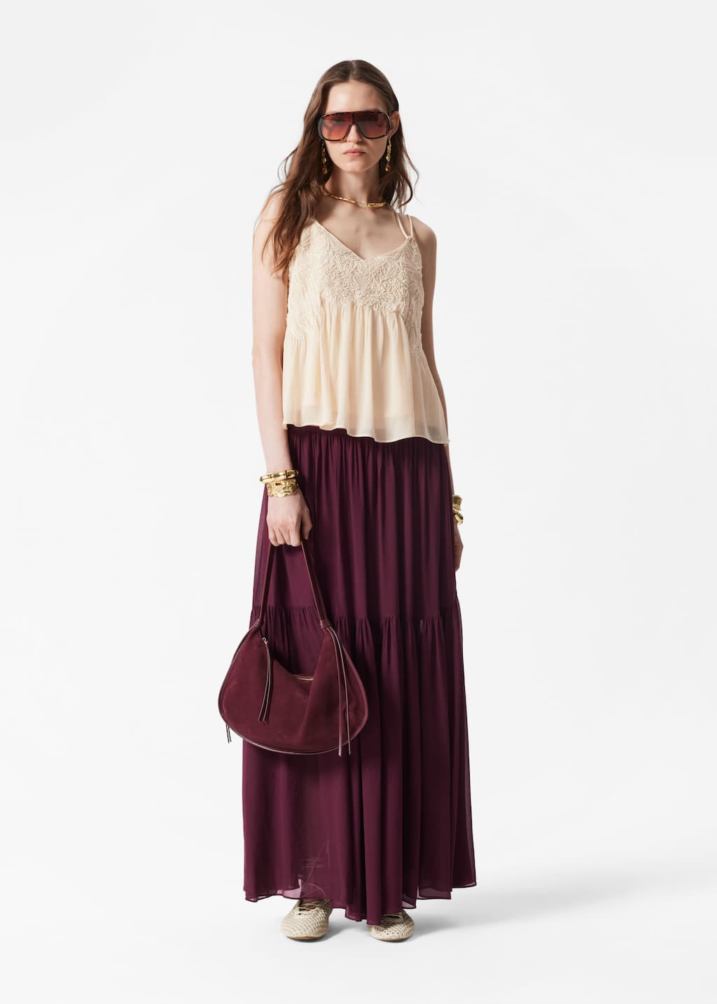 Top con spalline ricamato - Beige - Lookbook