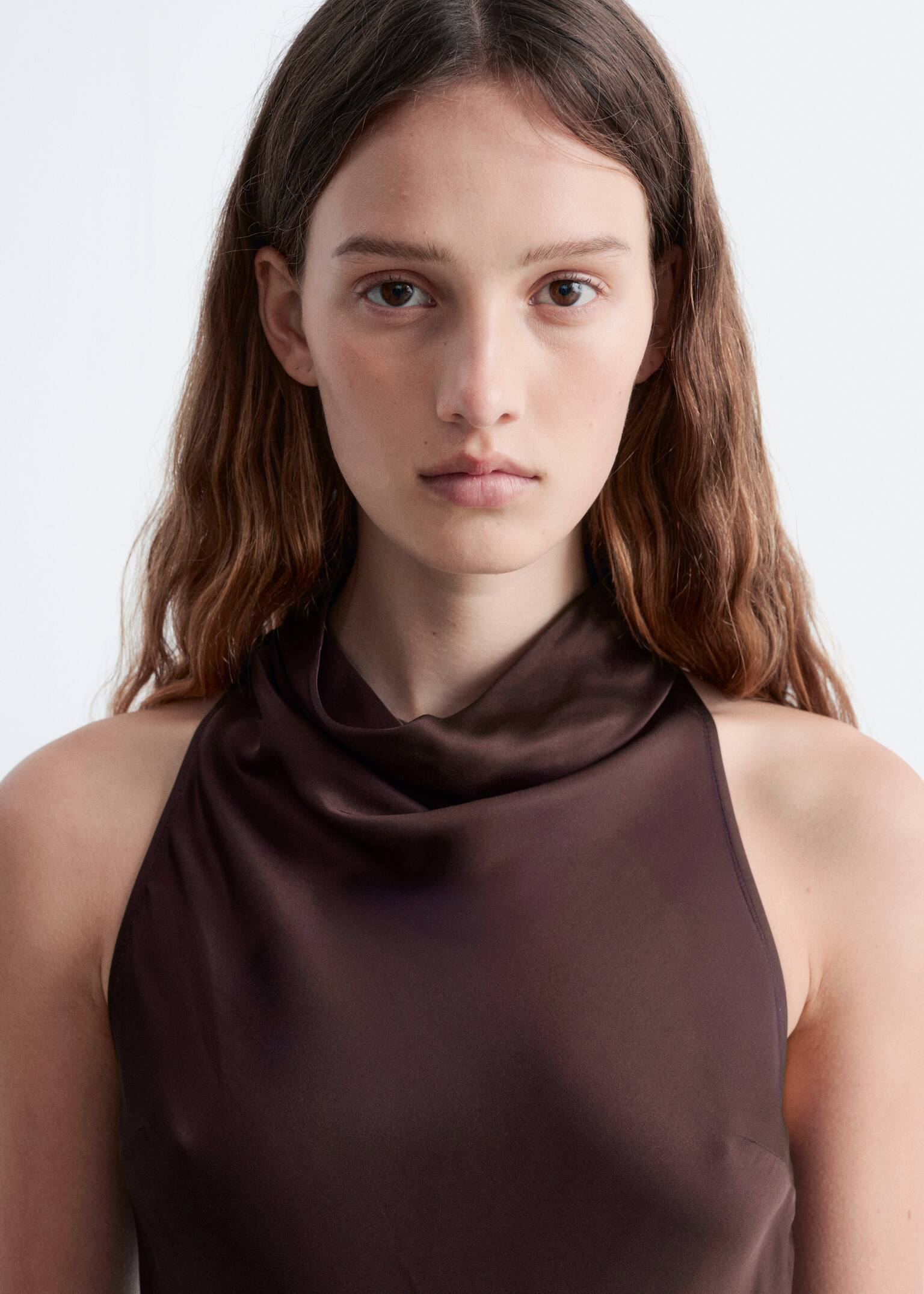 Cowl-Neck Satin Midi Dress - Dark Brown - 4