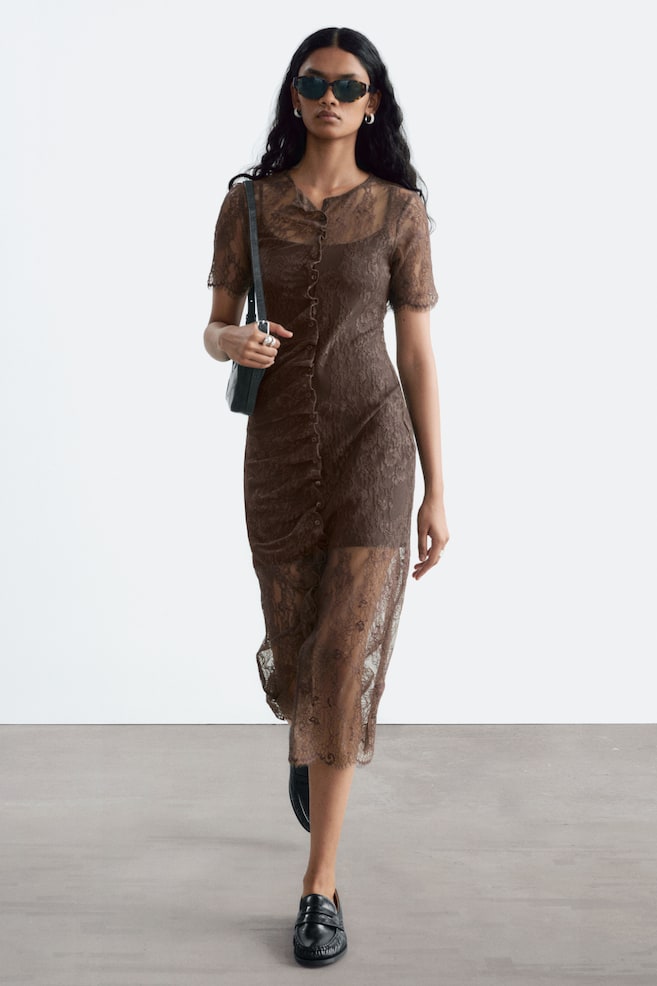 Scalloped Lace Dress - Dark Brown - 1