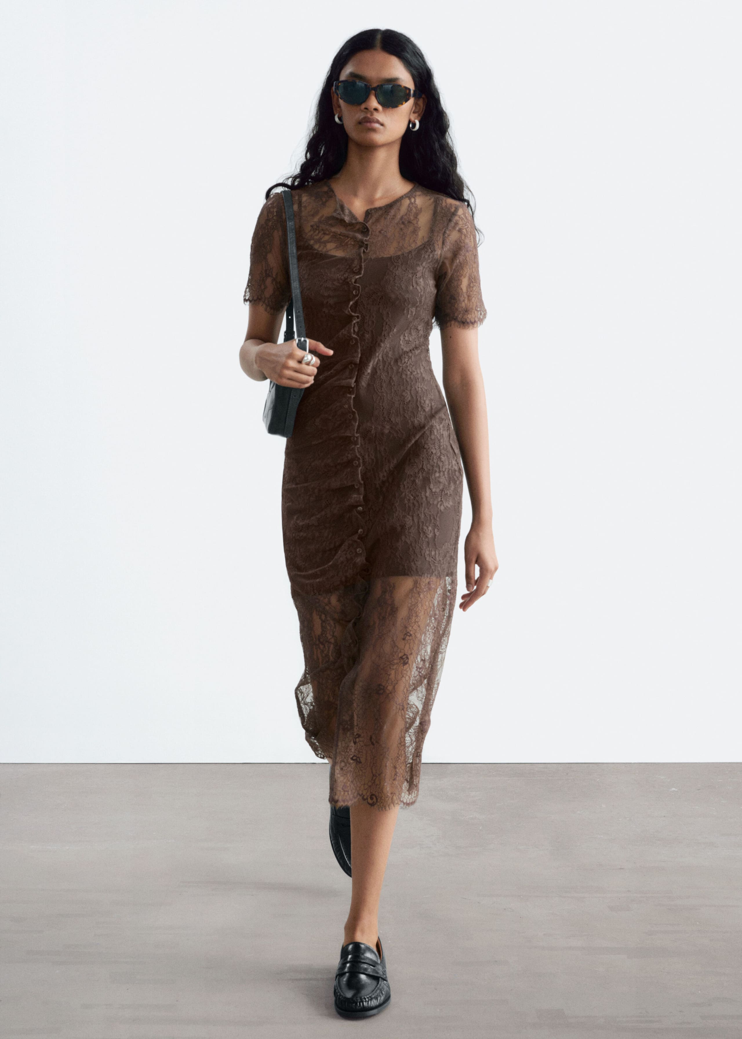 Scalloped Lace Dress - Dark Brown - Lookbook