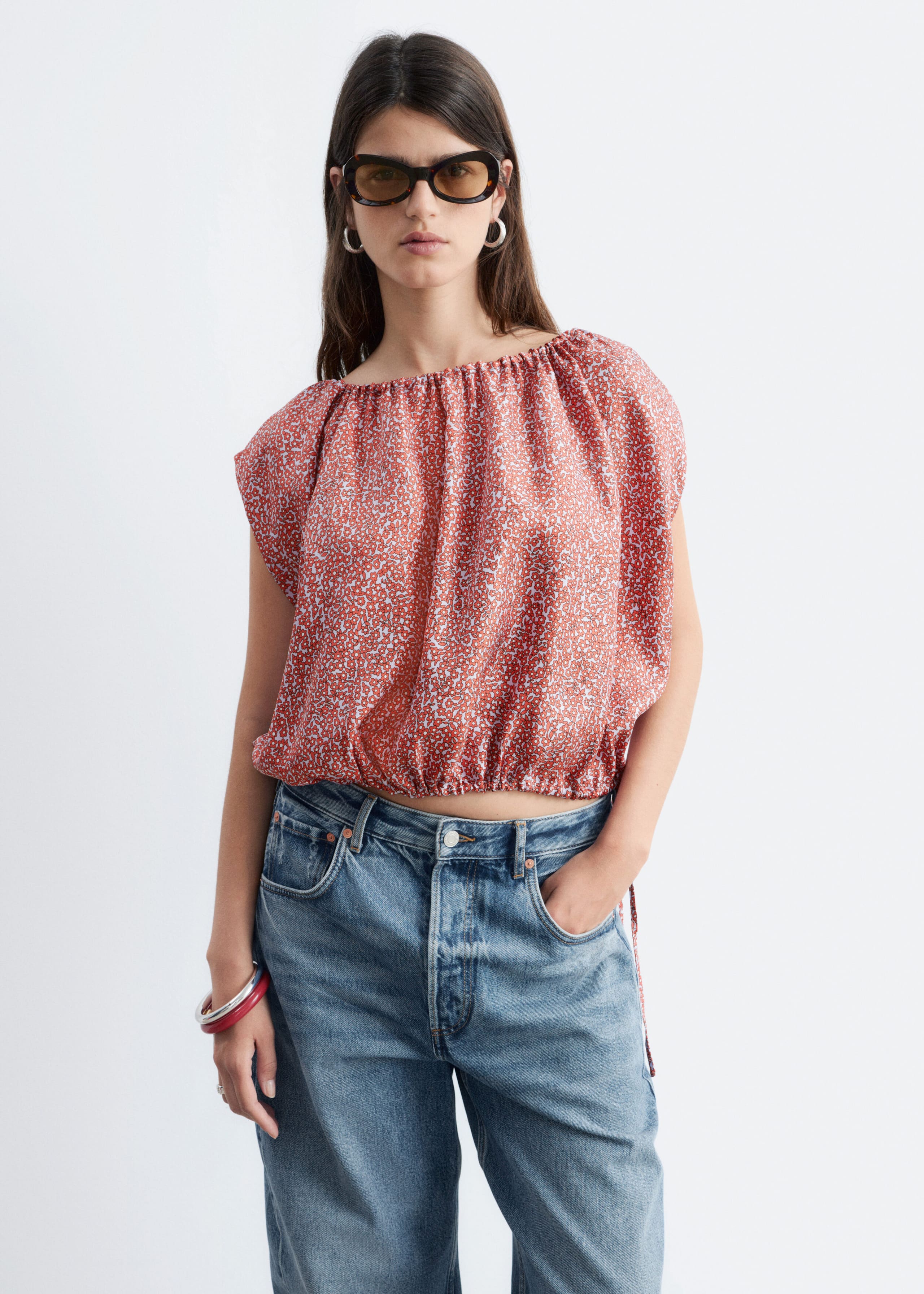 Printed Drawstring Silk Top - Muted Red/Florals - Lookbook