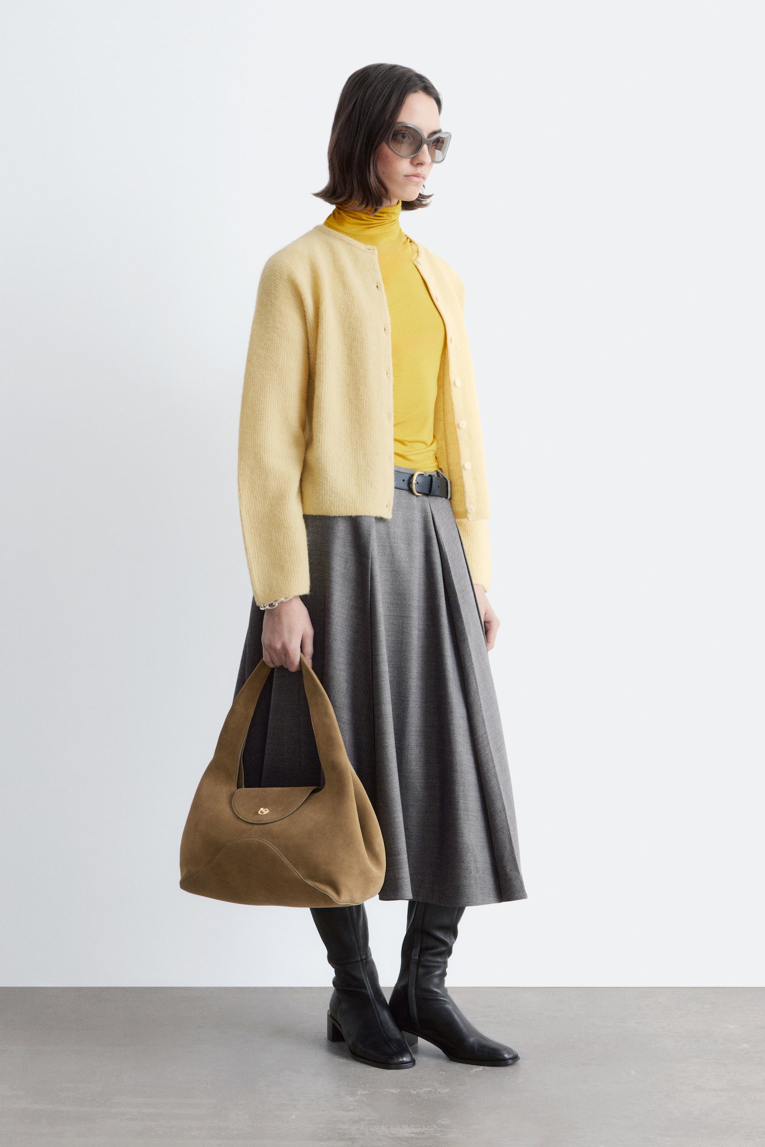 Cardigan en maille d’alpaga mélangé - Jaune pastel/Vert/Beige/Rose poudré/Blanc/Gris/Taupe/Brun taupe/Bordeaux chiné - 4