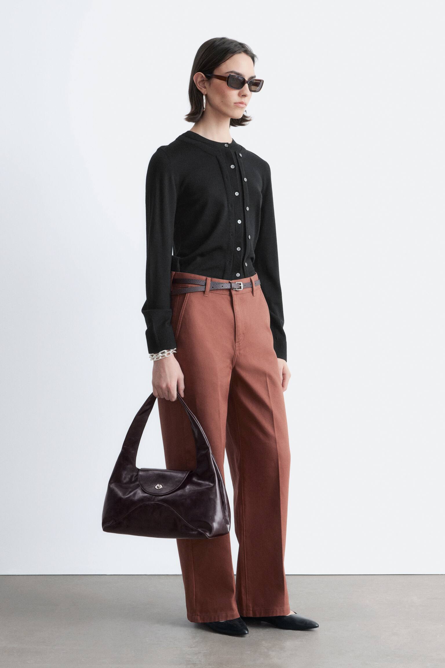 Pantaloni largi din bumbac - Maro Ruginiu/Off-White - 4