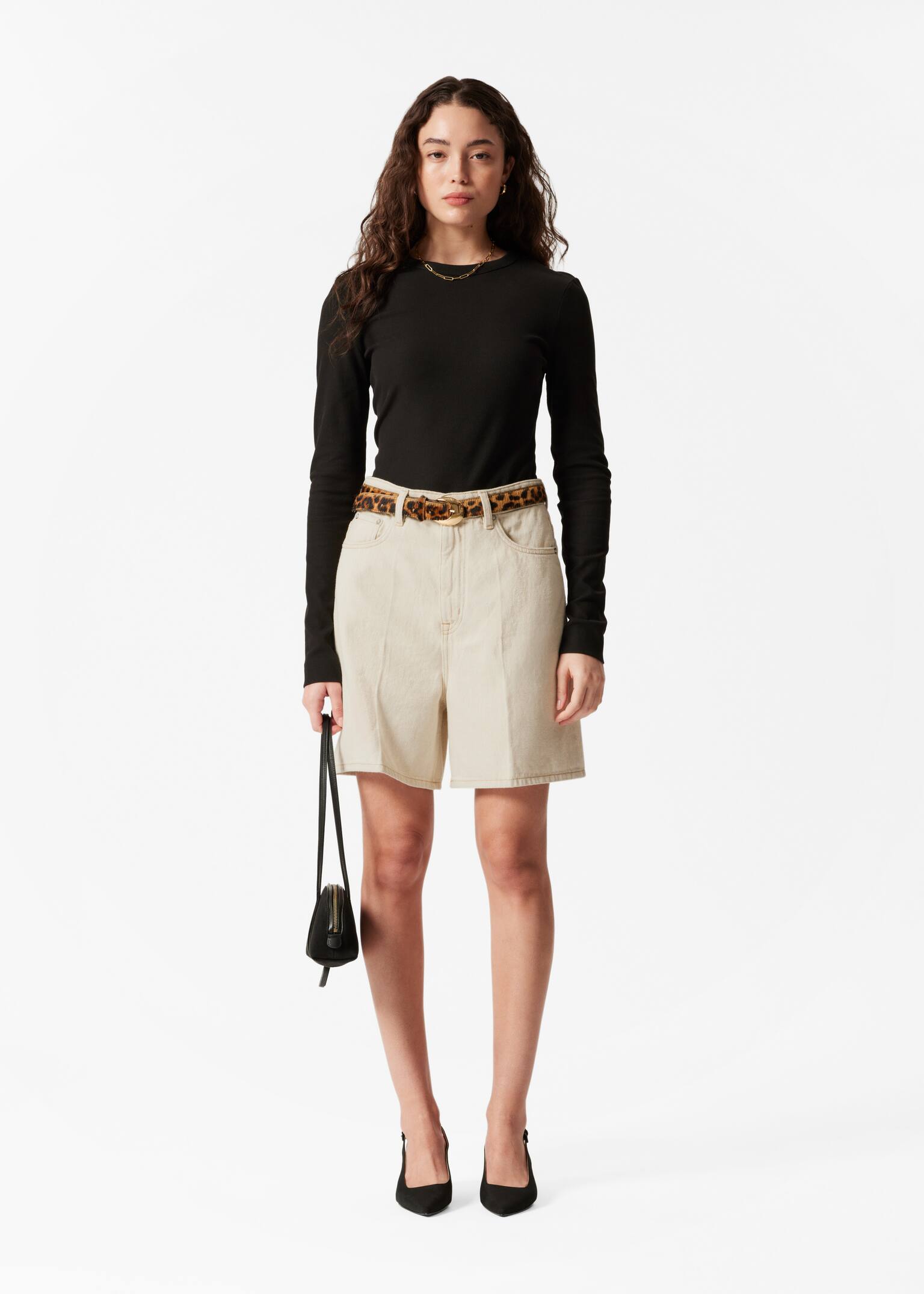 Shorts in denim a gamba larga - Beige/Blu medio/Nero