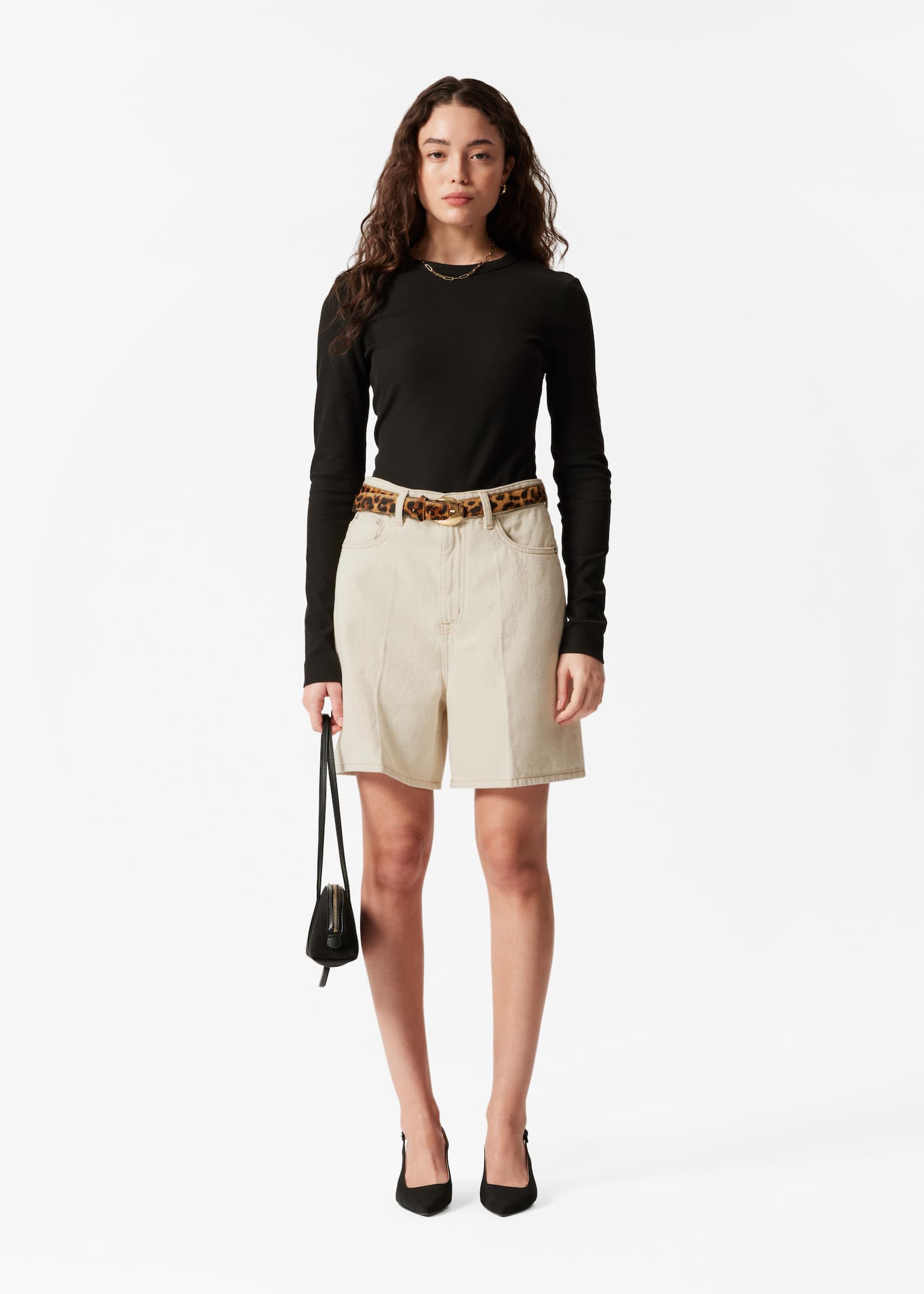 Wide-Leg Denim Shorts - Beige/Medium Blue/Black