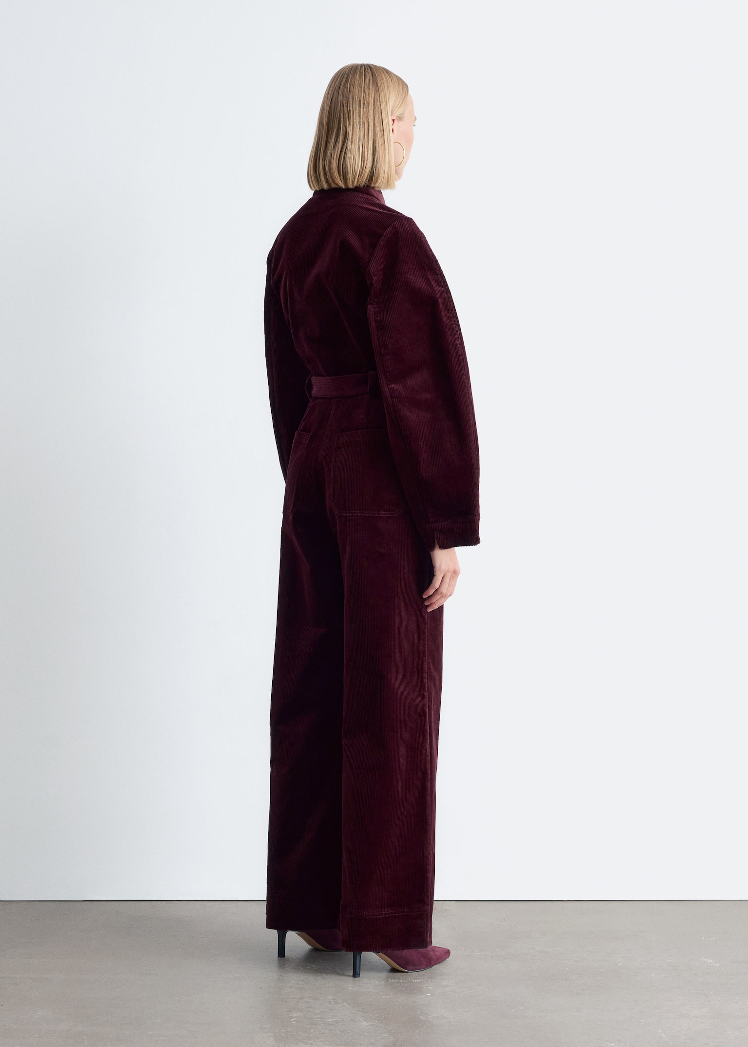Belted Corduroy Jumpsuit - Burgundy/Dark Green - 3