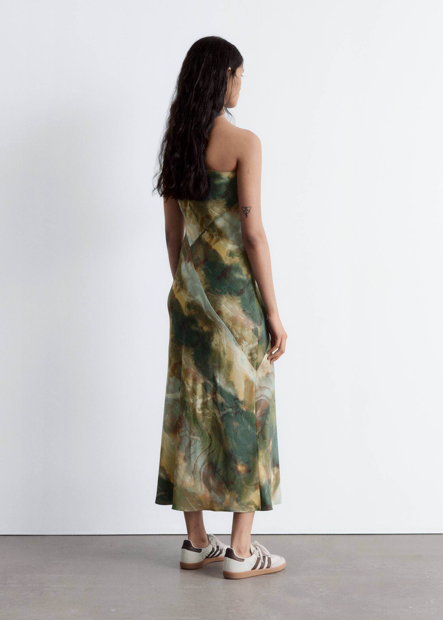 One-Shoulder Satin Midi Dress - Abstract Print/Black - 3