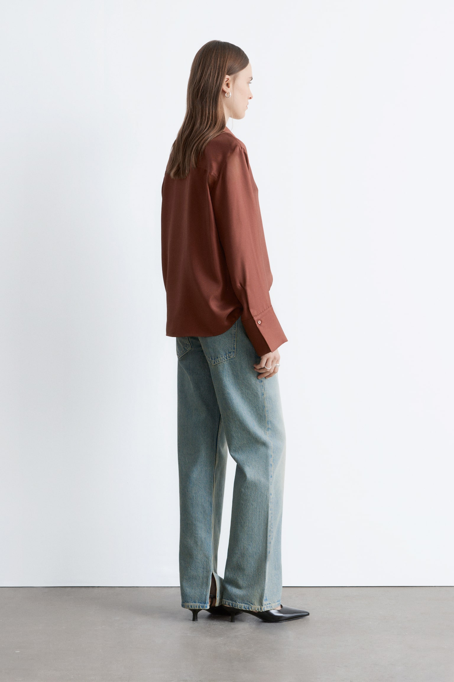 Luźna jedwabna koszula - Brązowy/Brązowy/białe groszki/Ciemnoniebieski - 3