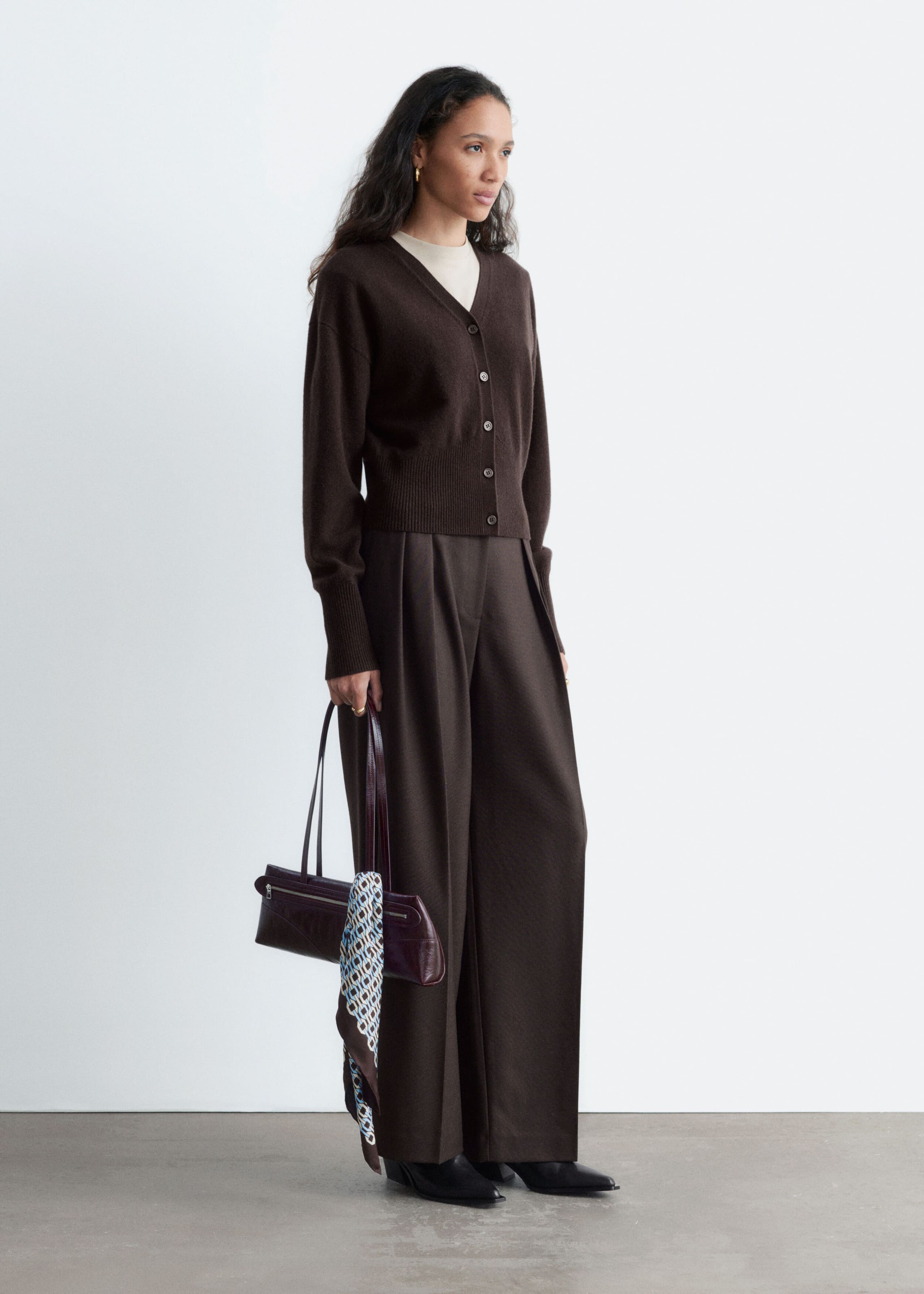 Wool Corset Rib Cardigan - Dark Brown - Lookbook