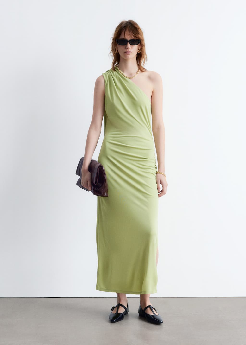 Image of One-Shoulder Scarf-Detail Midi Dress