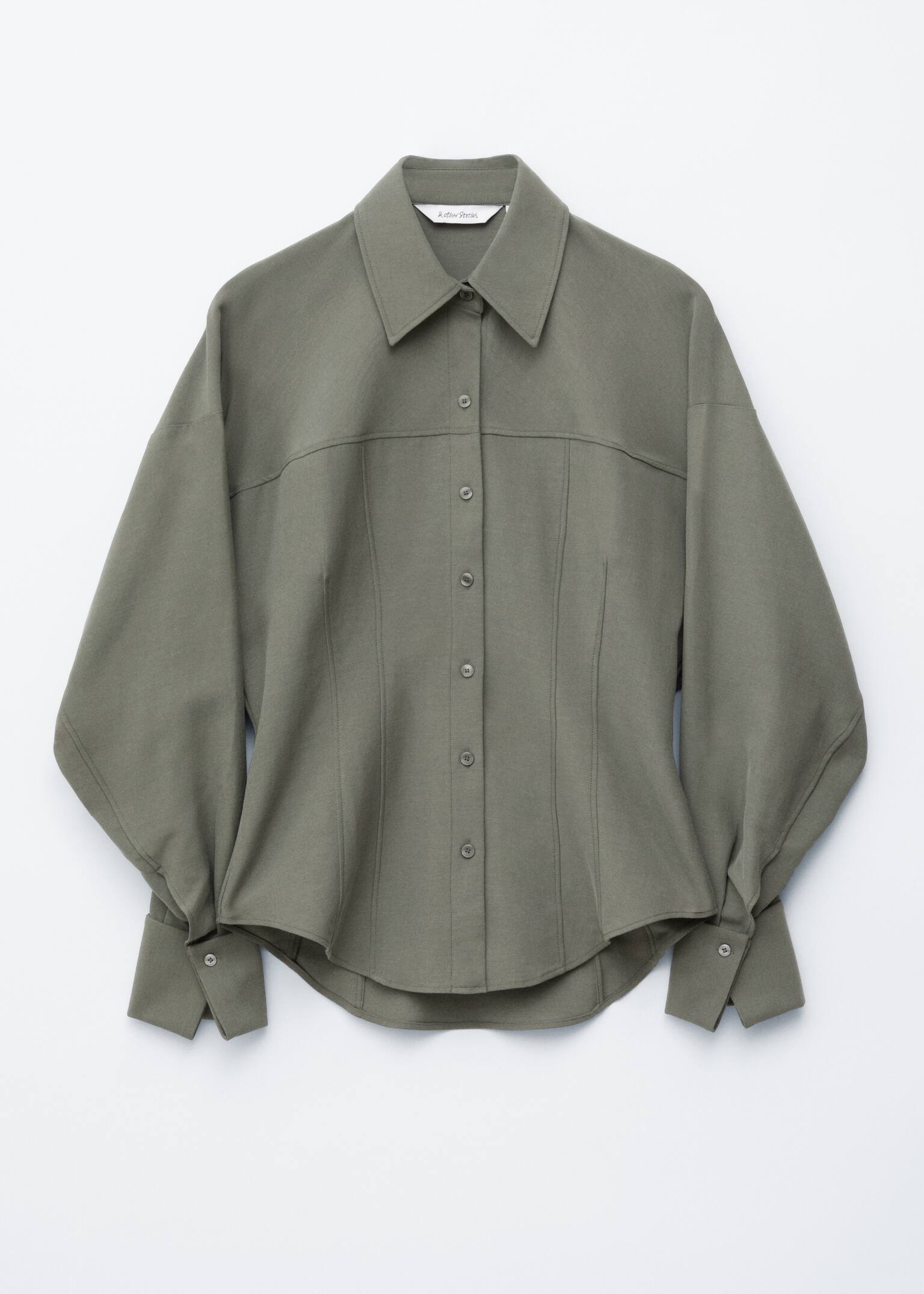 Figursyet skjorte med ballonærmer - Mørk kakigrøn/Sort - 2