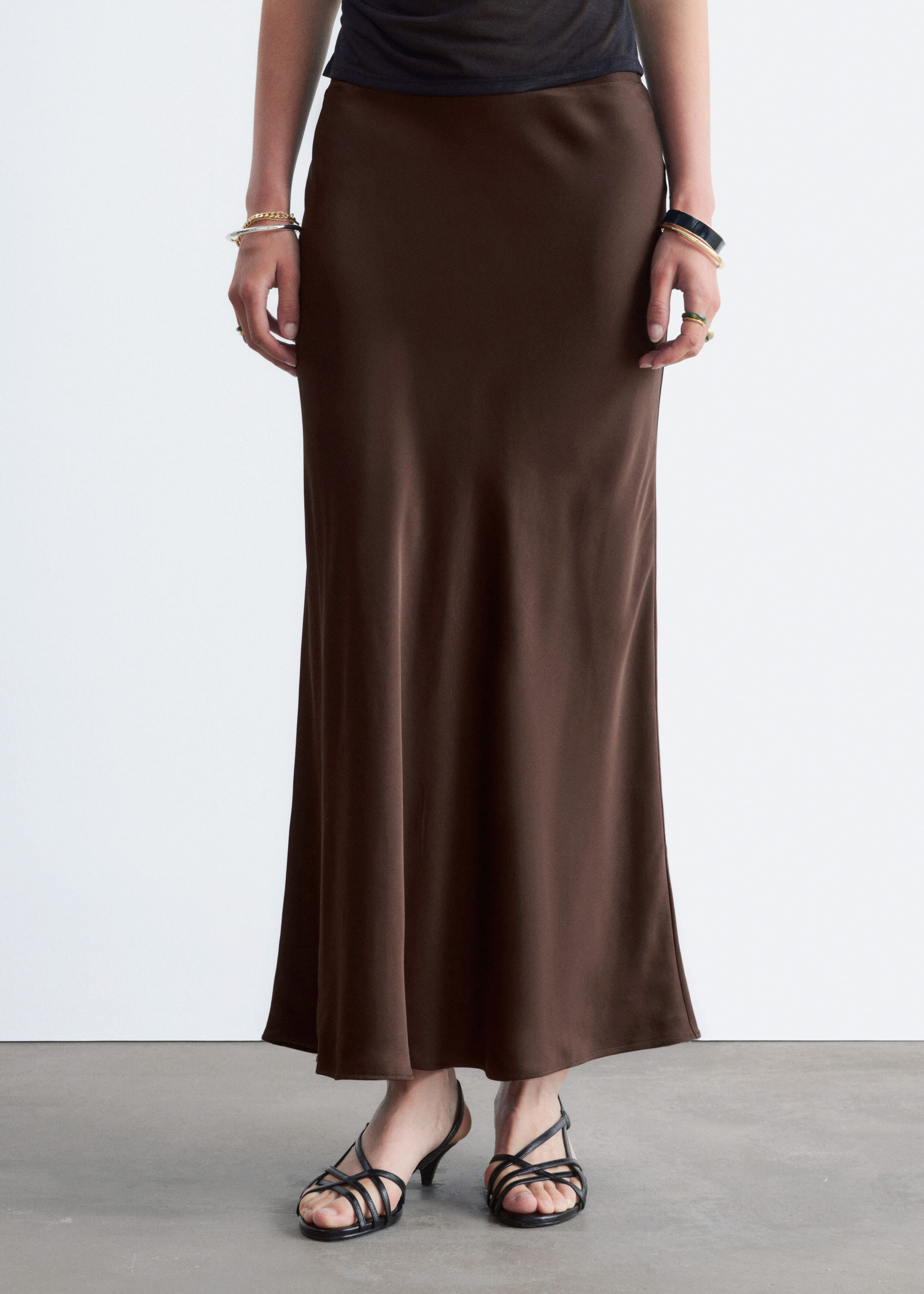 Satin Maxi Skirt - Dark Brown - Lookbook