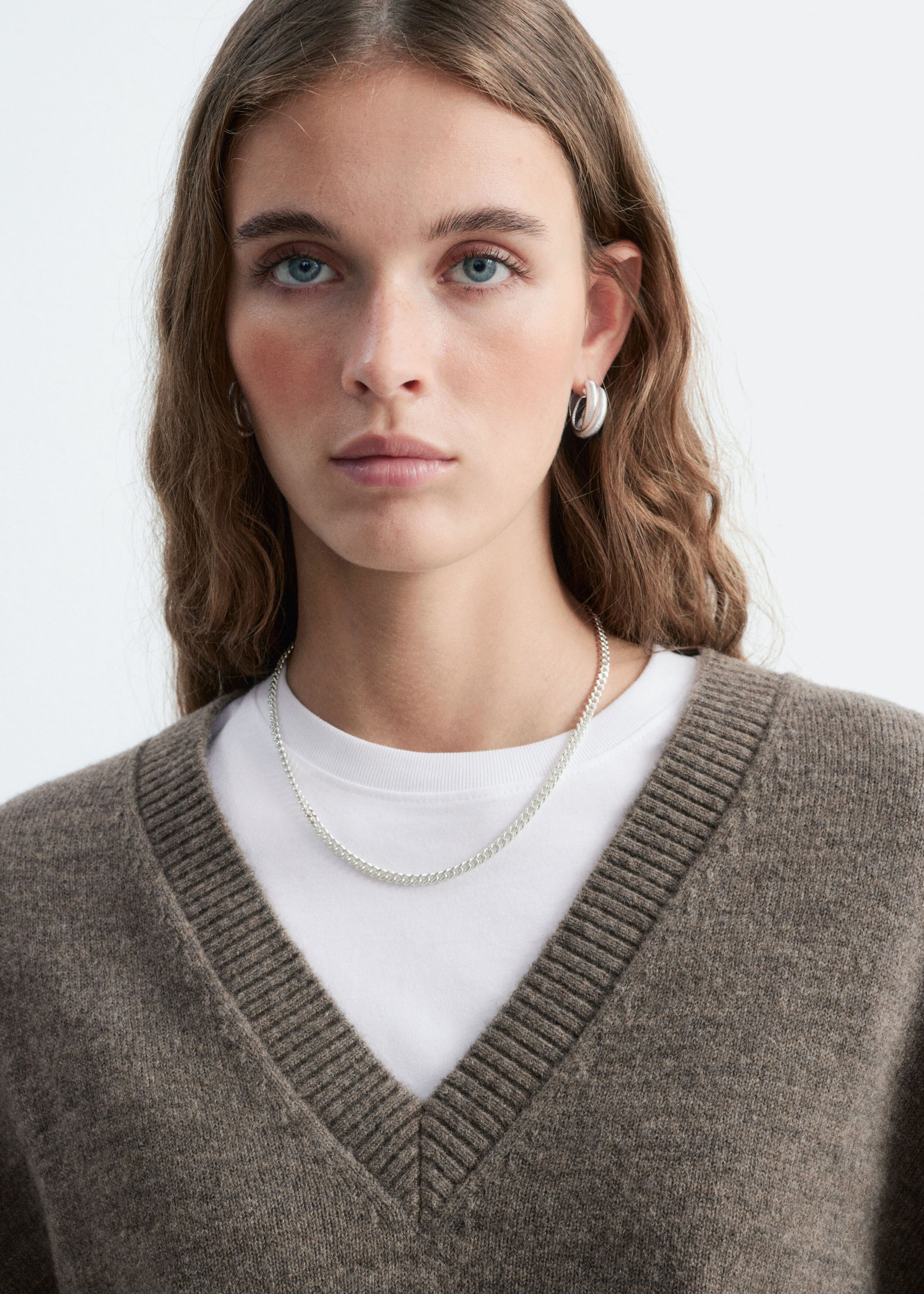 Wool-Cotton V-Neck Jumper - Grey - Lookbook