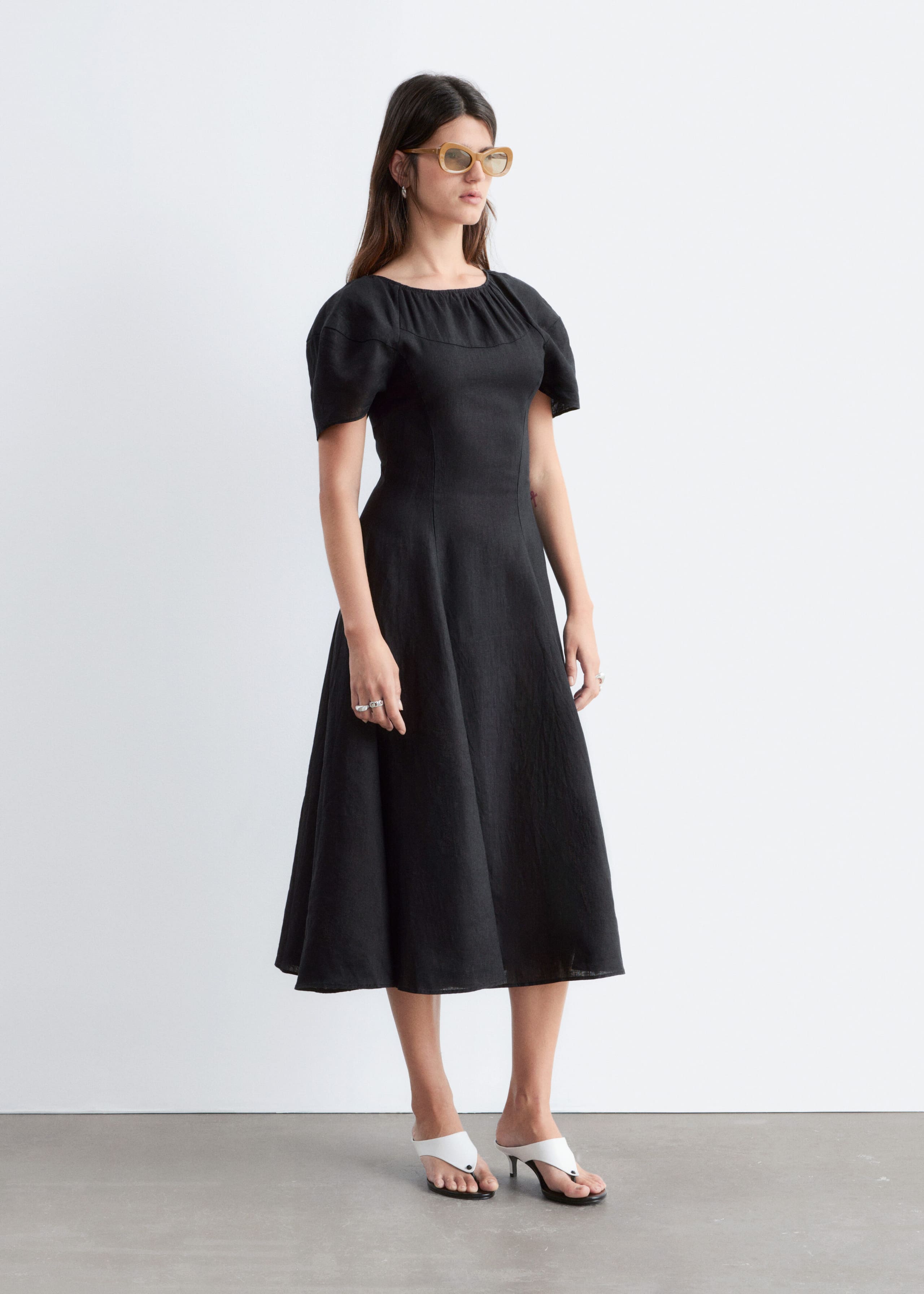 Flared Linen Midi Dress - Light Blue - Lookbook