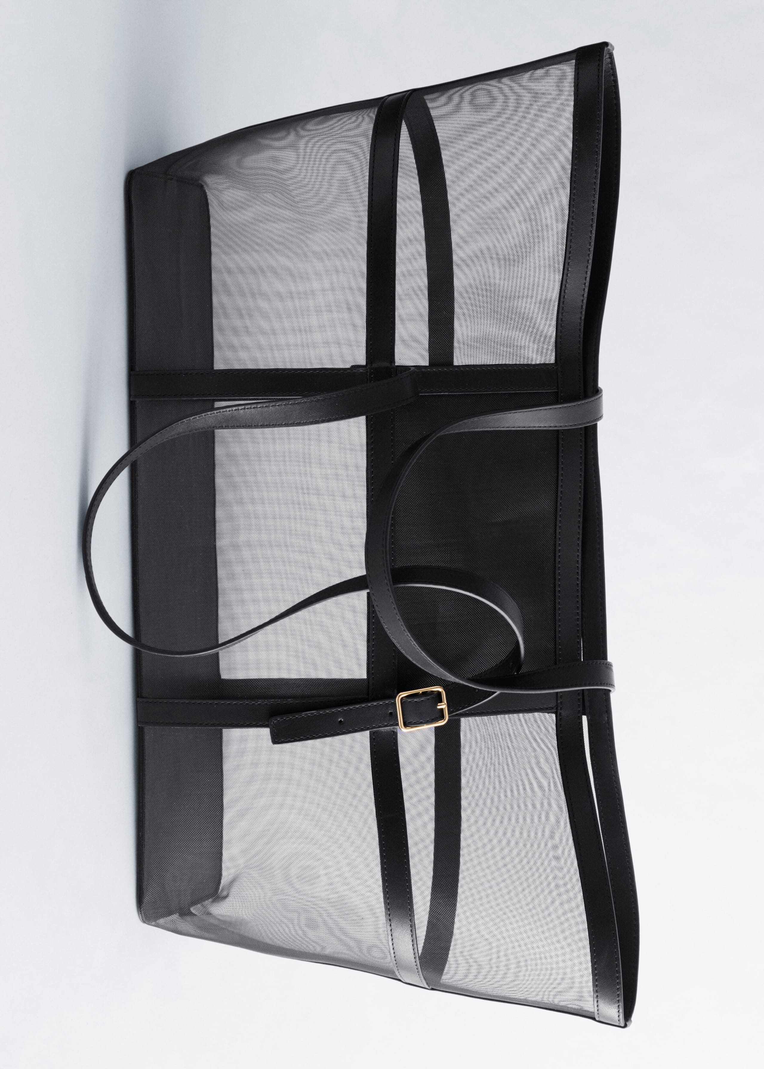 Leather Detail Mesh Tote - Black - Still Life