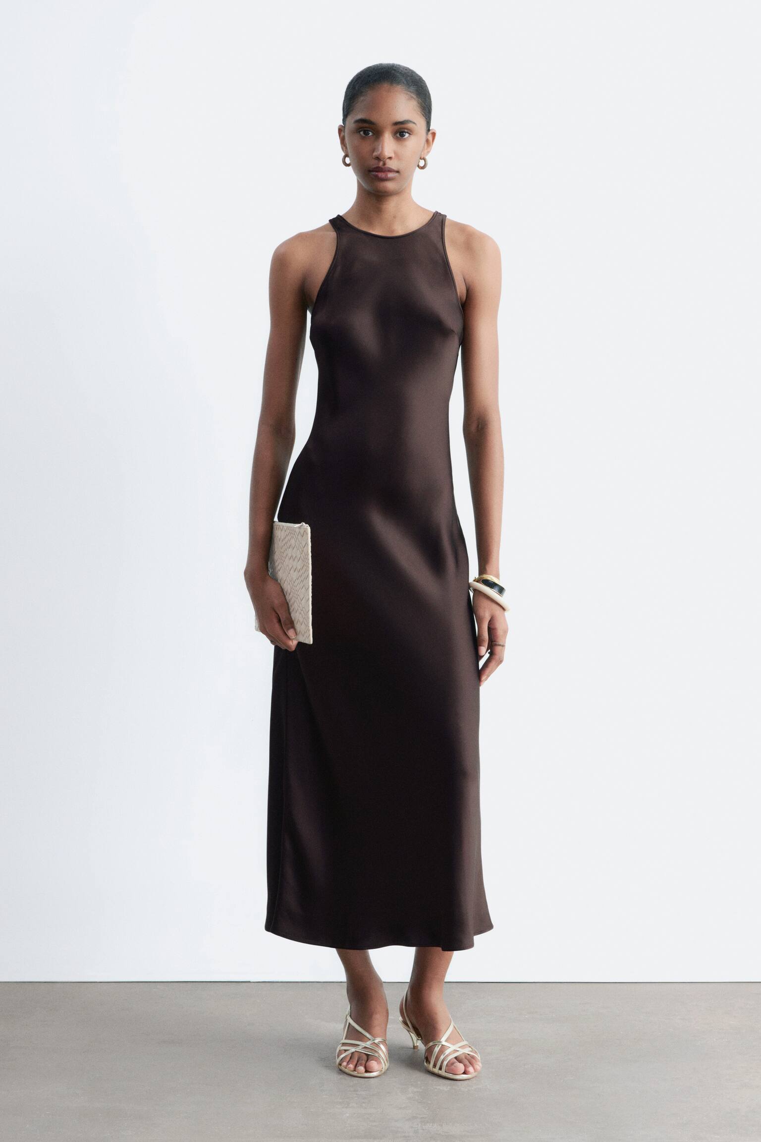 Sleeveless Satin Midi Dress - Dark Brown - 9