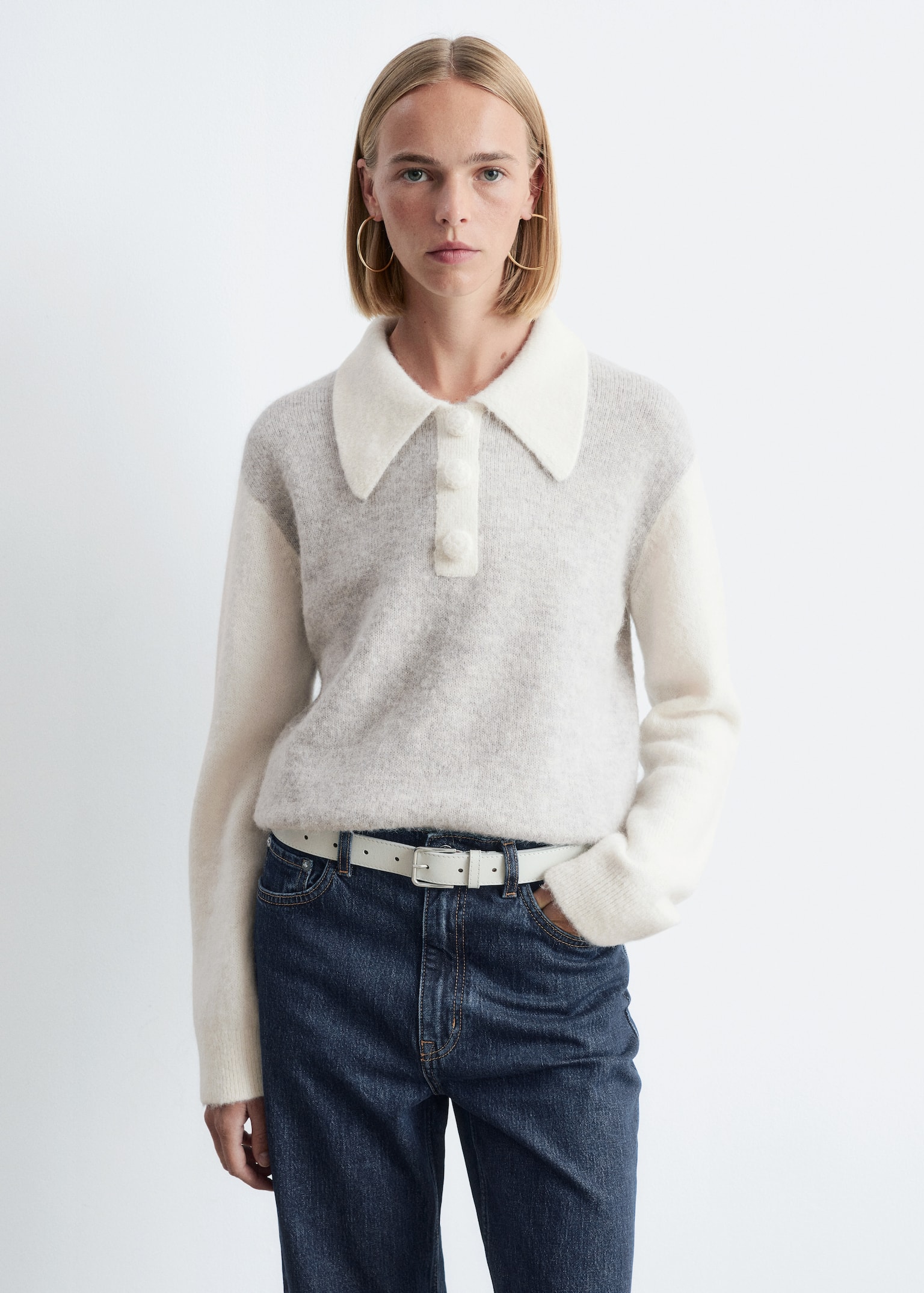 Pull à col en laine d’alpaga mélangée - Gris clair/Blanc/Noir/Jaune clair - 3